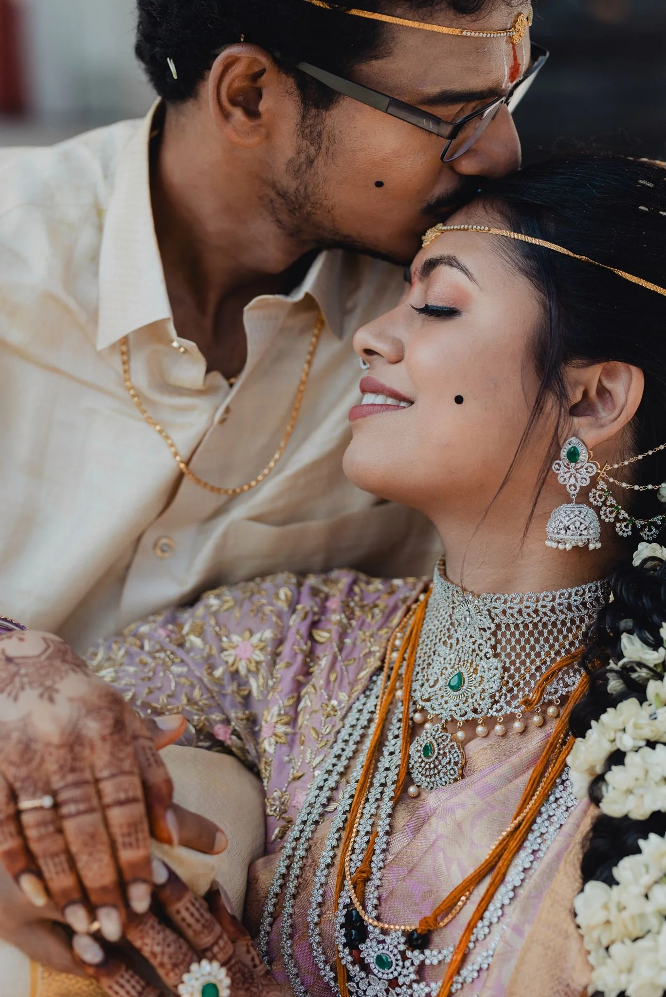 indian wedding couple portrait post ceremony at malibu hindu temple