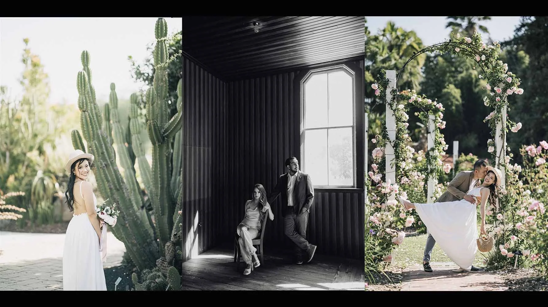 Couple among the cactus garden and glasshouses of the Los Angeles County Arboretum in Arcadia