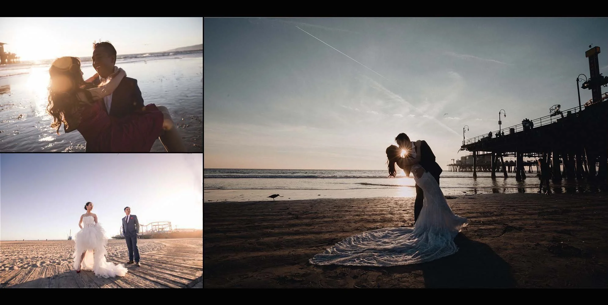 Couple on the sand beside the Santa Monica pier at the end of the day