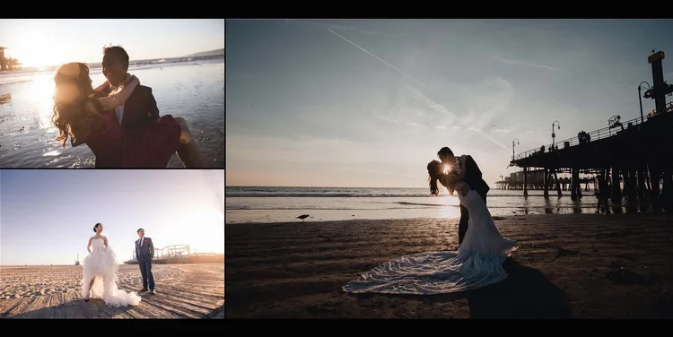 Engagement session on the sand beside the Santa Monica Pier at sunset
