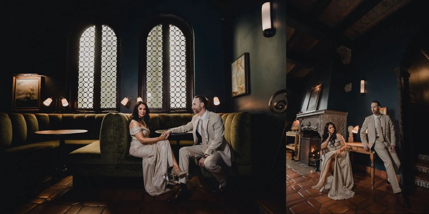 Couple photographed in a dark panelled lounge during an indoor engagement session