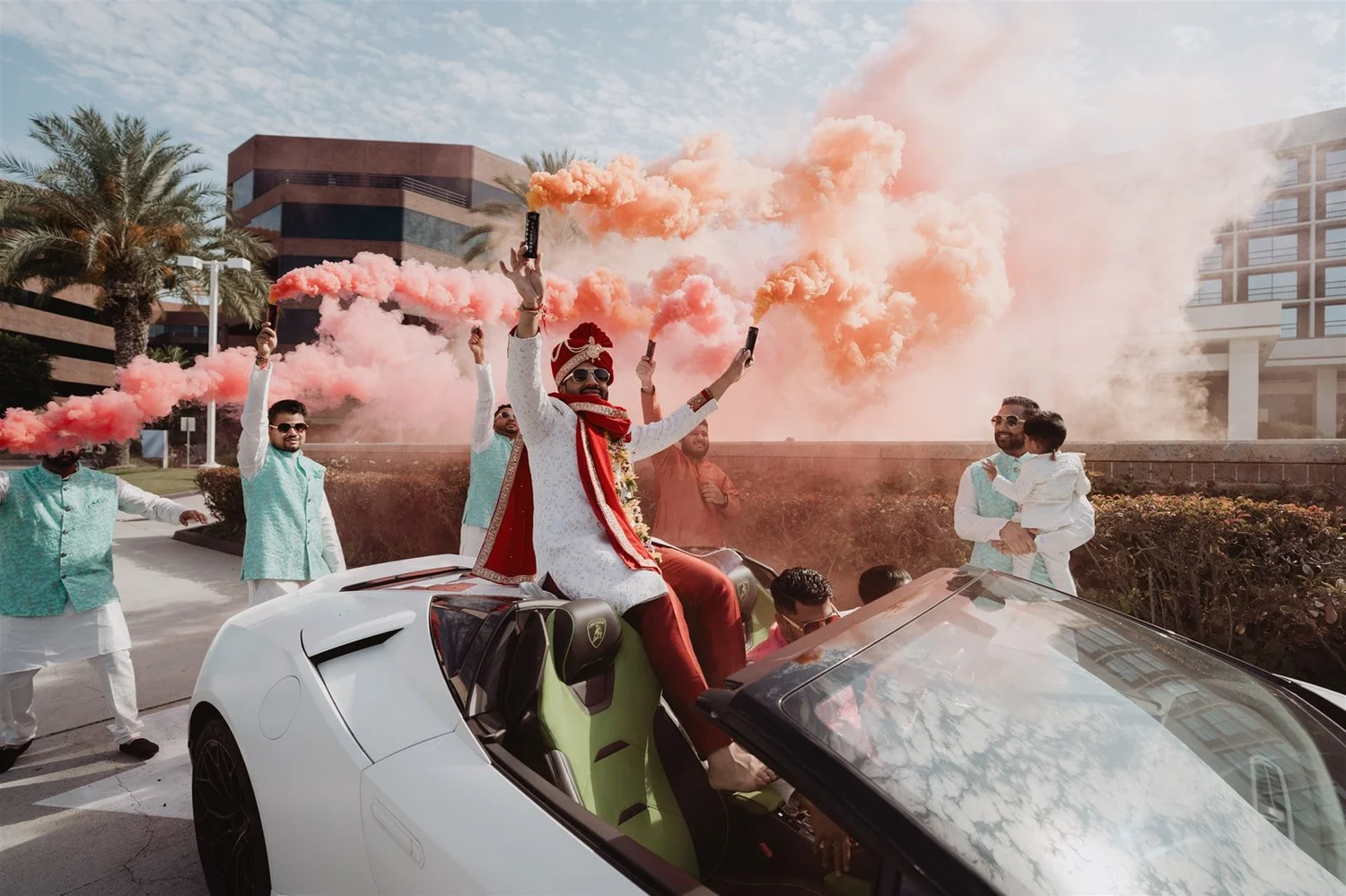 Groom's baraat procession arriving at an Indian wedding