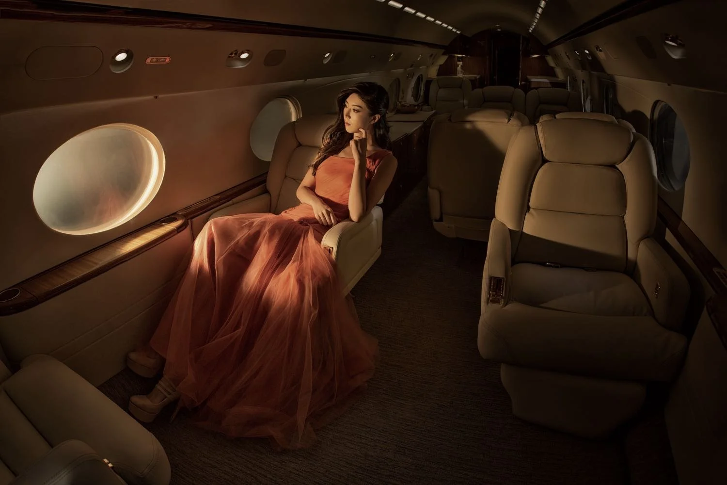 Brand campaign shot in a private jet cabin