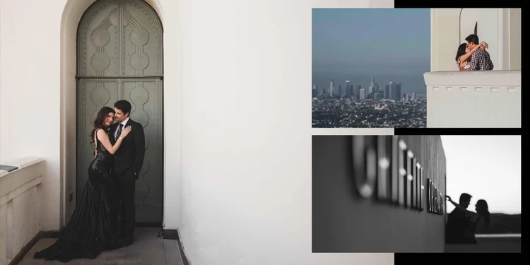 Engagement session at Griffith Observatory with the Los Angeles skyline behind the couple