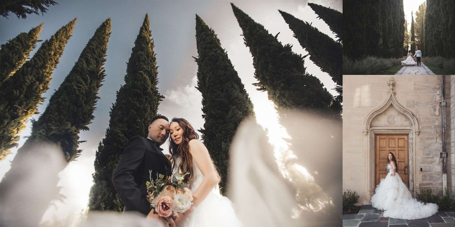 Couple among the cypress trees and formal gardens at Greystone Mansion in Beverly Hills