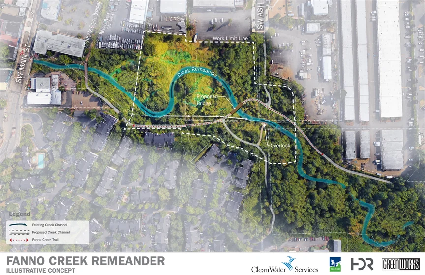 Illustration of proposed remeander of fanno creek showing creek winding through neighborhood