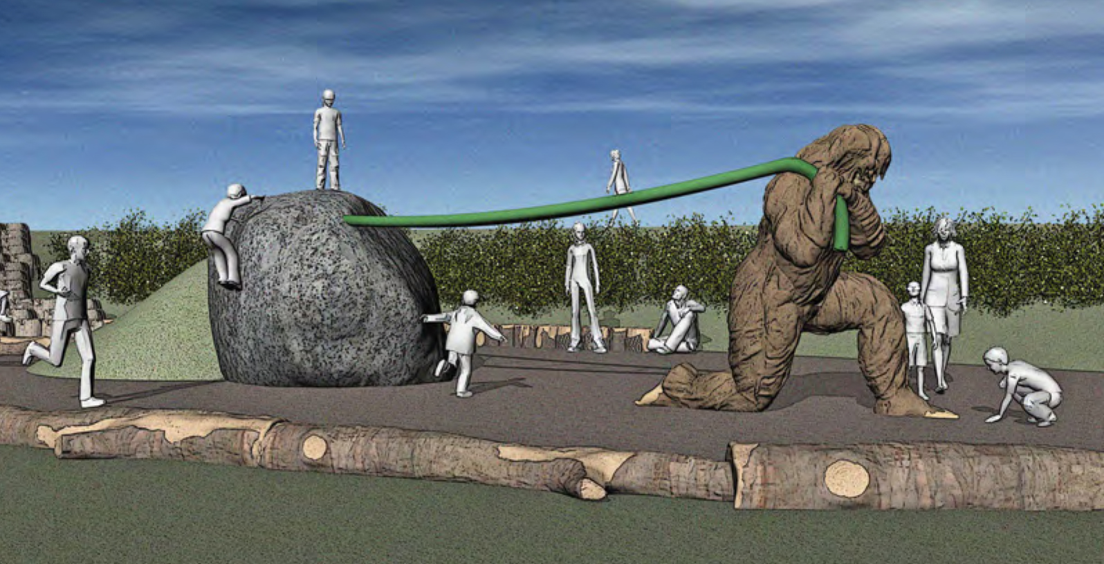 A computer generated 3d design depicting Children Playing sasquatch eegah and Erric the Erratic