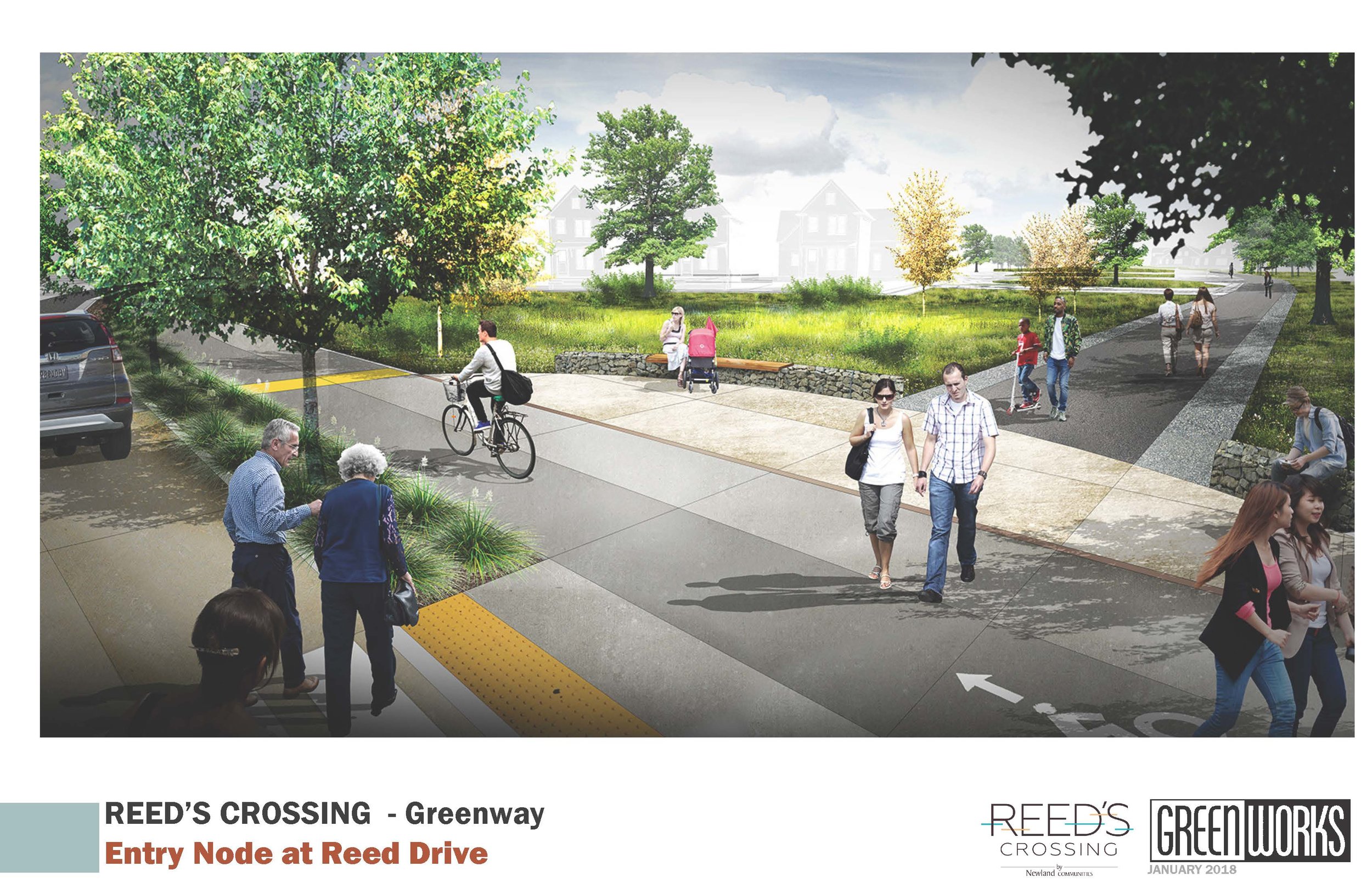 Imaginary people walk through a visualization with trees, a bike path, and roads