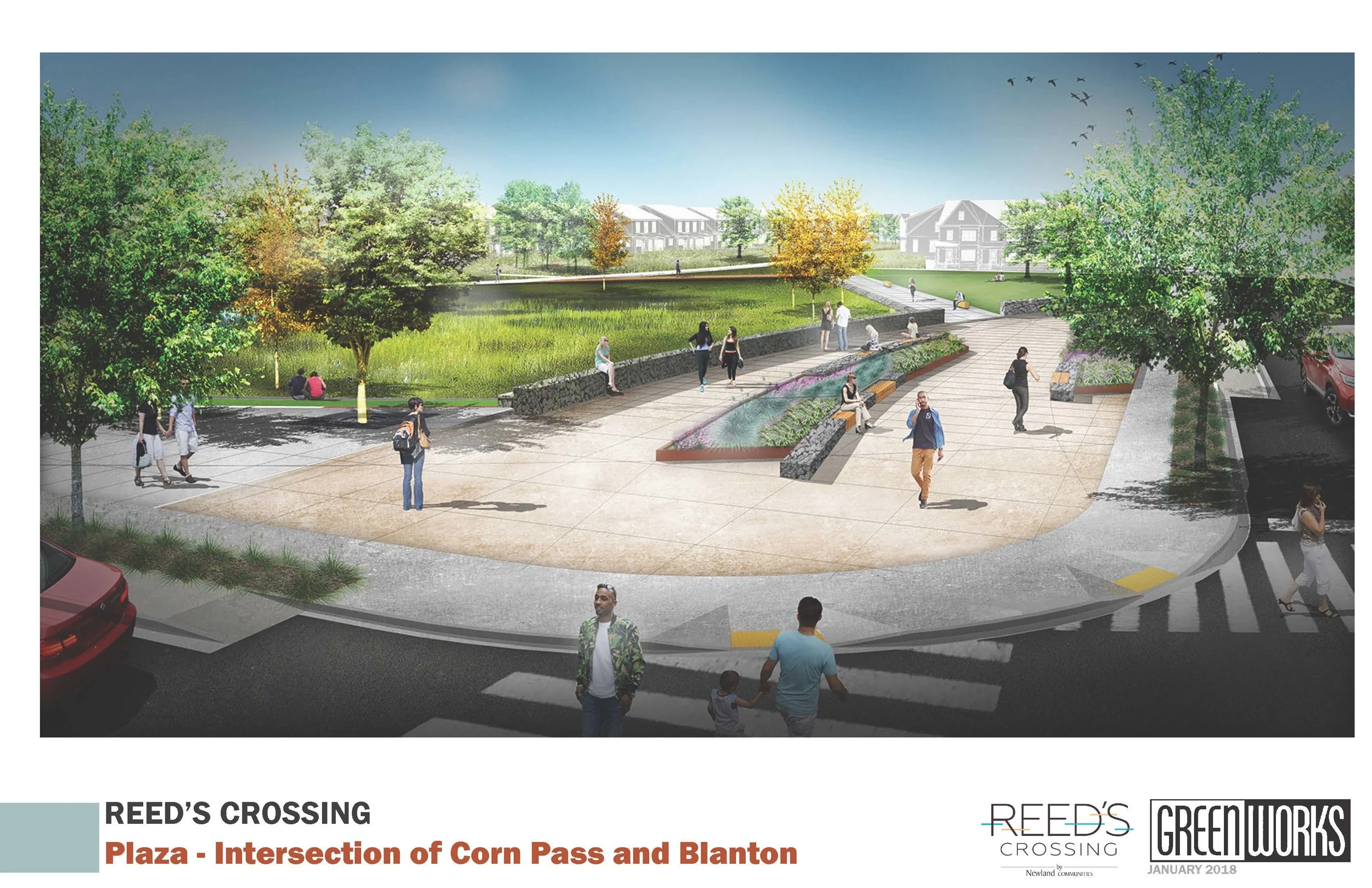 illustration of People walking through a park in a dense neighborhood