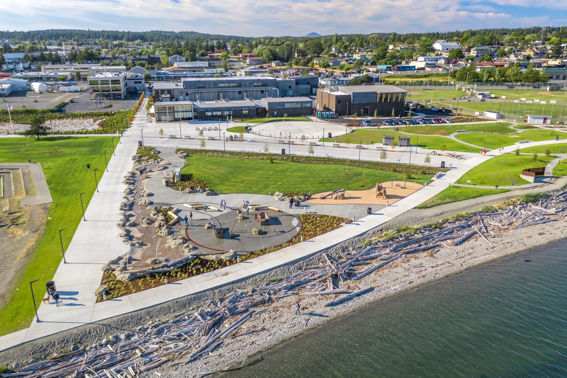 windjammer park, shipwreck shores, and oak harbor wastewater treatment plant from a drone on a partially sunny day