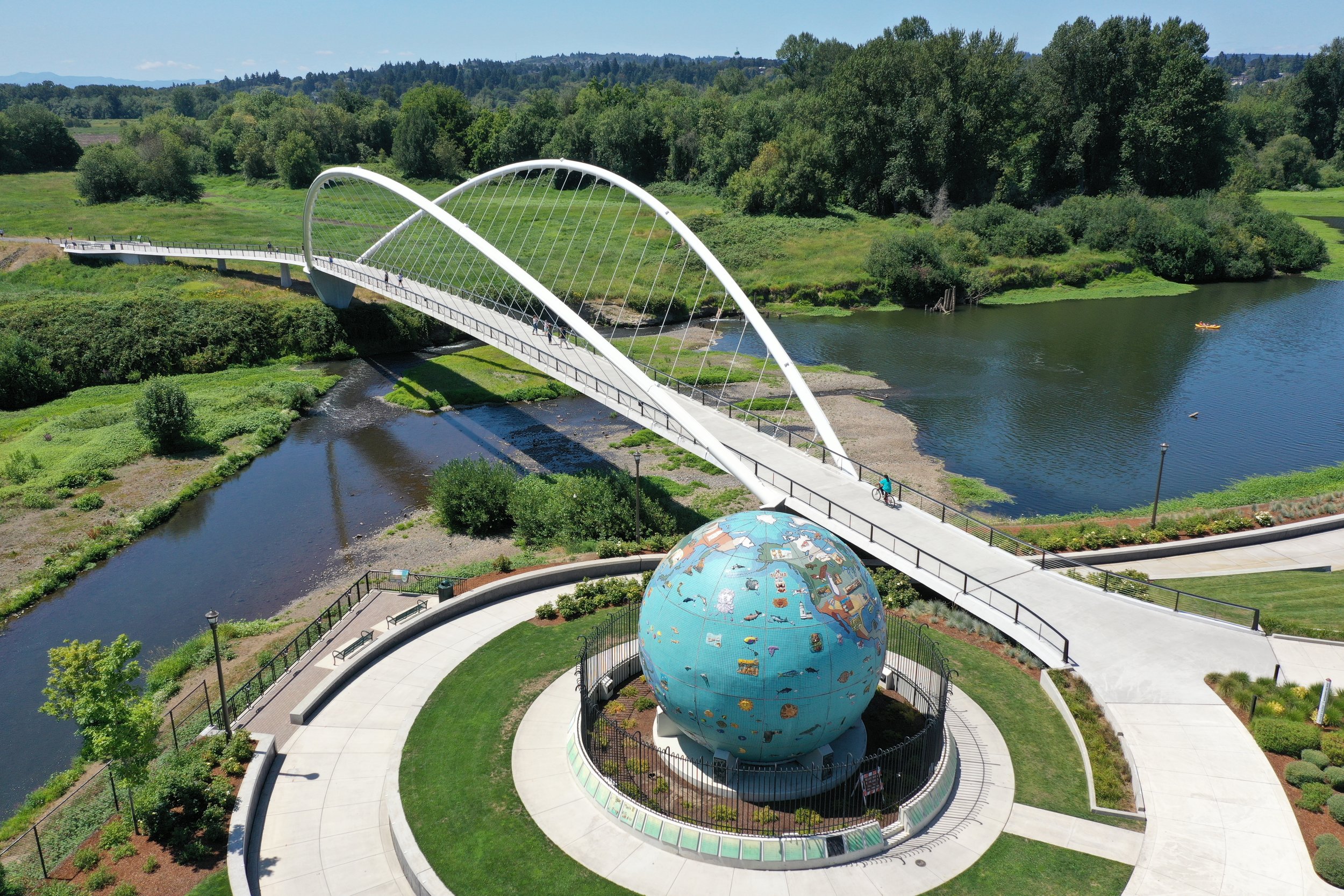 minto island bridge with globe in foreground