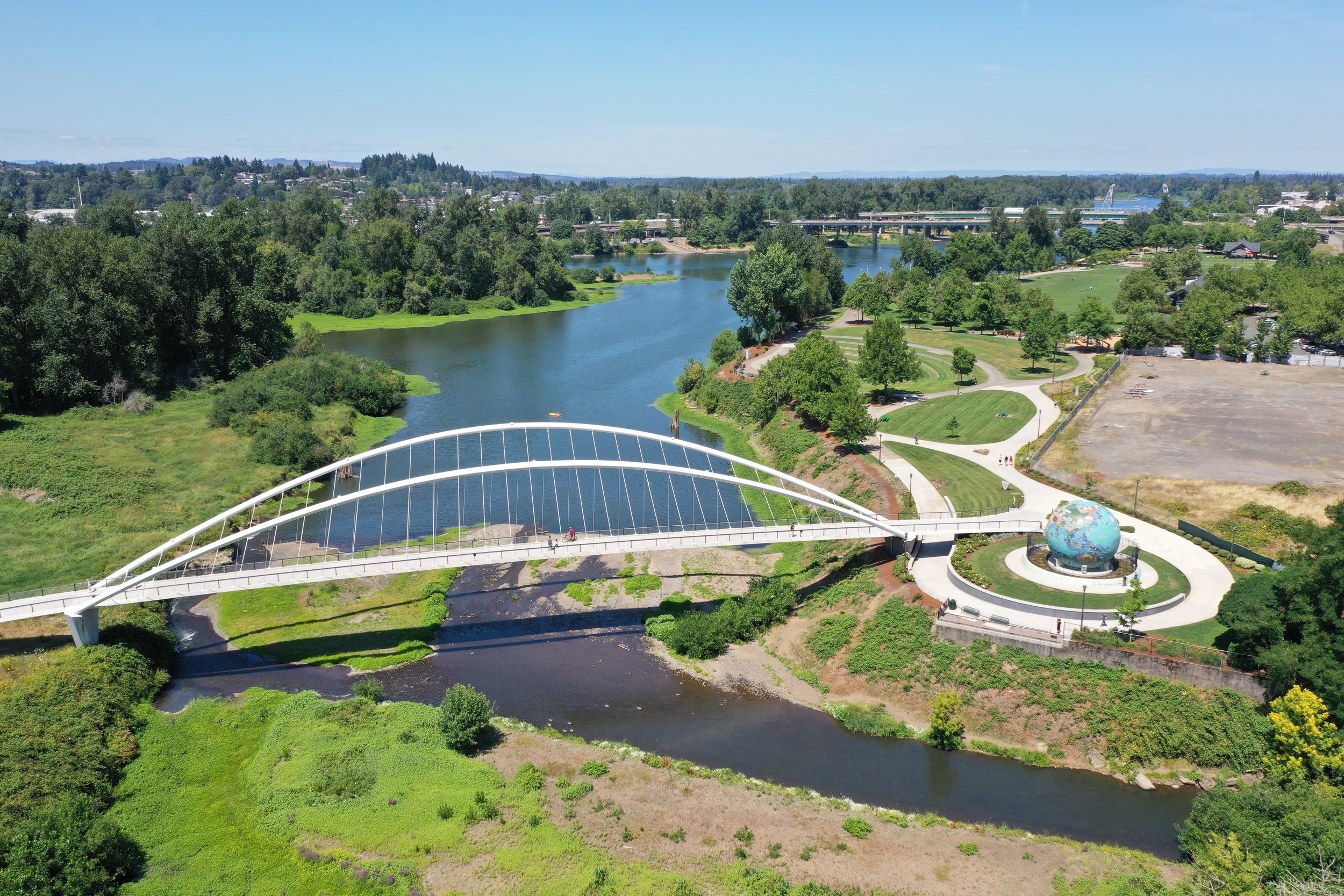 suspension bridge in salem oregon from drone on sunny day