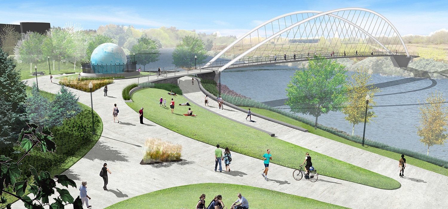 illustration of people approaching minto island pedestrian bridge