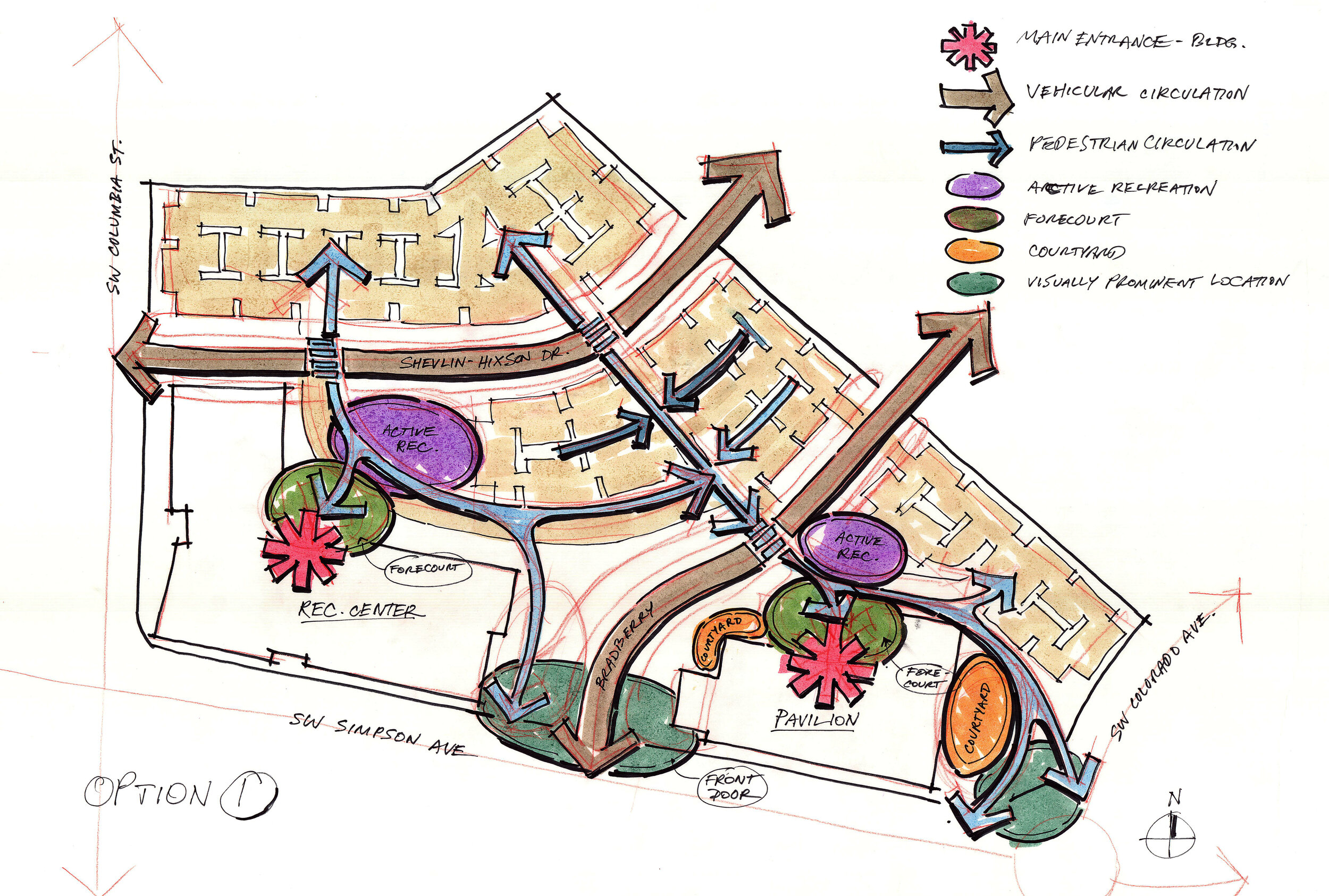 hand drawn diagram of master plan for simpson pavilion with circulation patterns