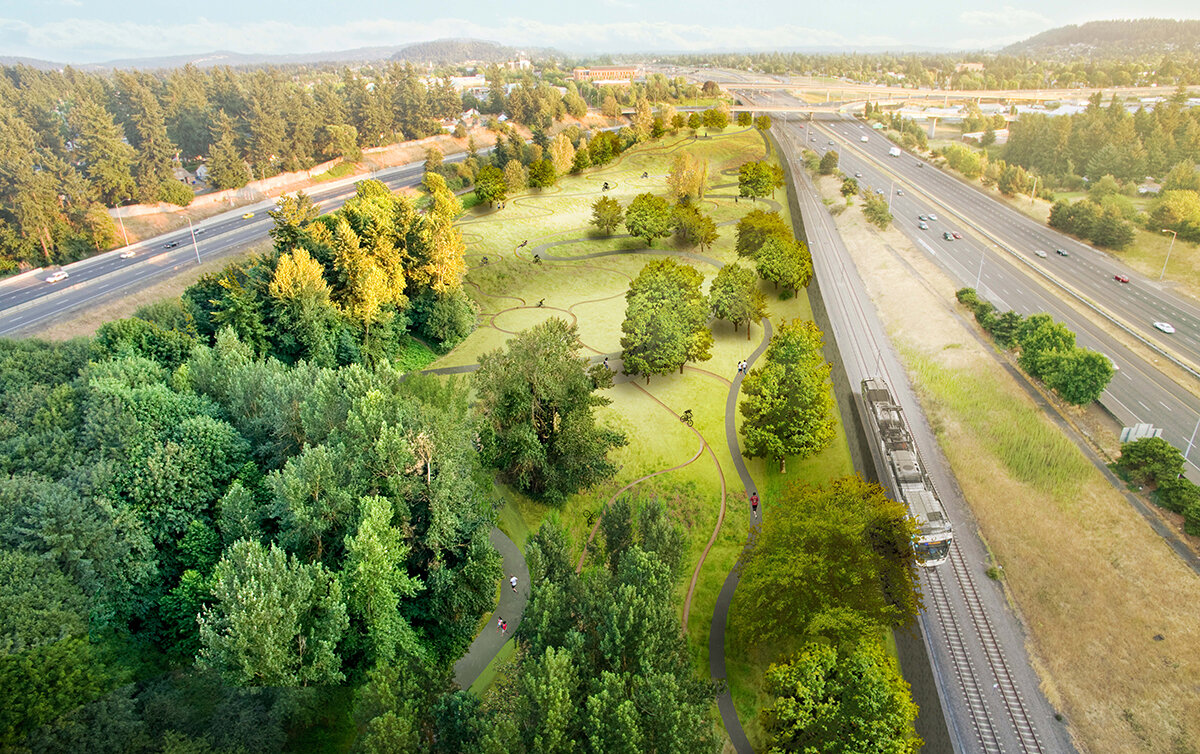 Illustration of two freeways diverging, a green space with trails, a light rail train, and trees filling the gap