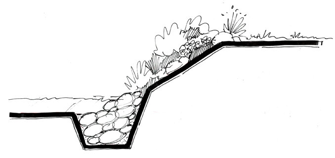 Laid-back bank with riparian edge and bank stabilization