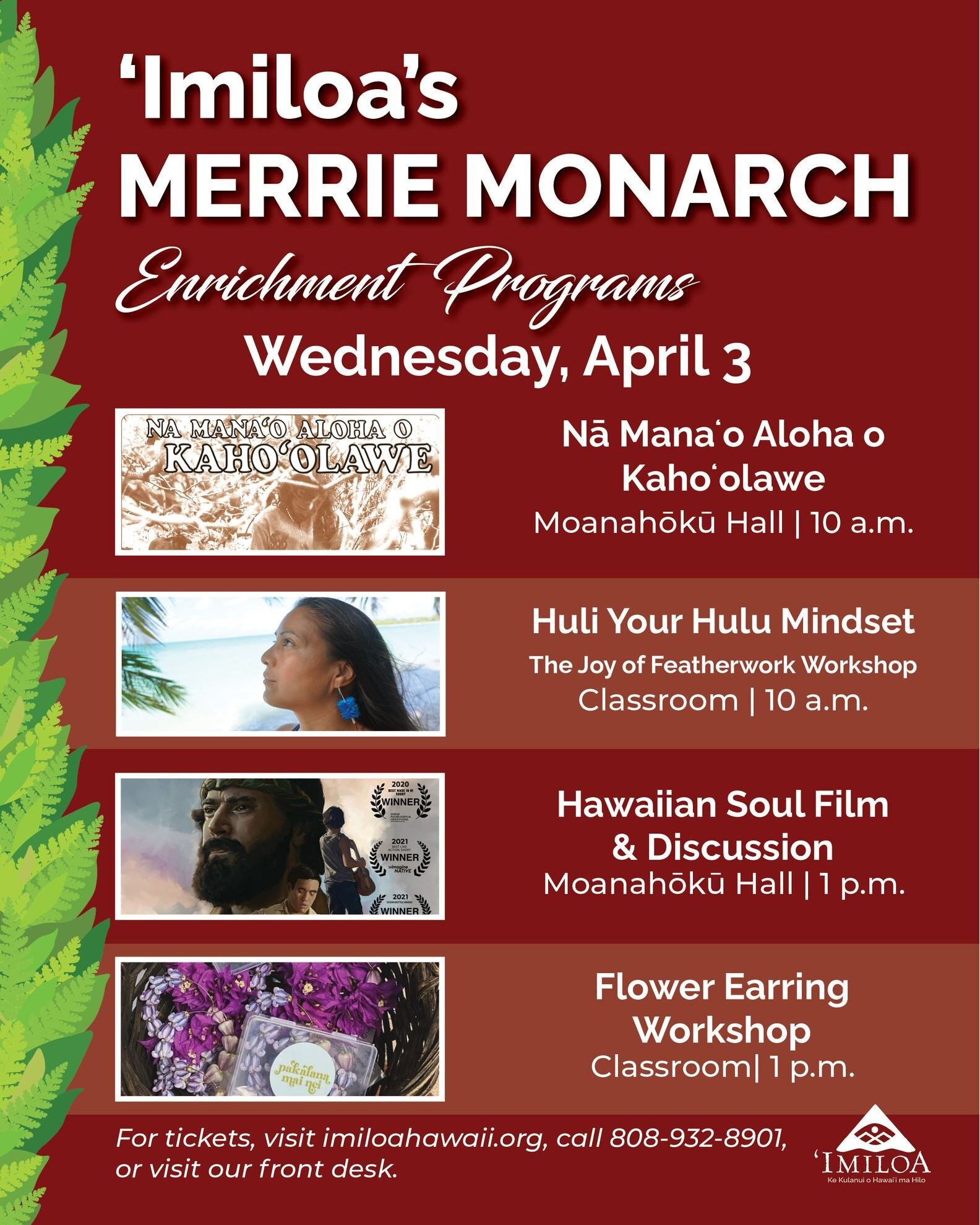 Don't miss these fun workshops 🌸, film screenings 🎥, and panel discussions with 🌟 guests on Day 2 of our Merrie Monarch Enrichment Programs (Wednesday, April 3).

See details👇 and book now at imiloahawaii.org/merrie-monarch (link in bio).

📚 Nā 