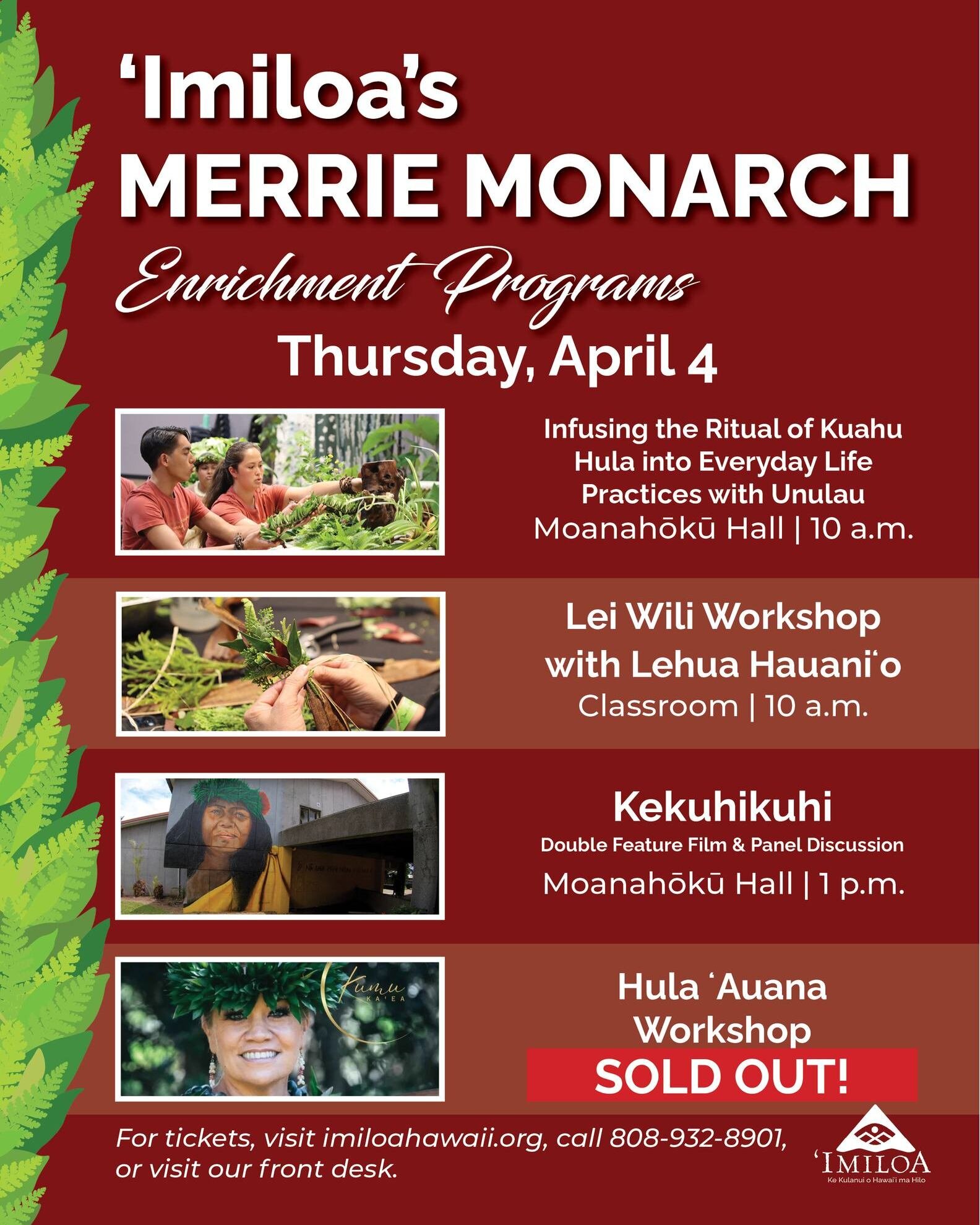 You don't want to miss this 🌟 lineup for Thursday, April 4 featuring an exciting hula presentation from Unulau, lei making, and a double-feature film and panel discussion honoring Edith Kanakaʻole during our Merrie Monarch Enrichment Programs!

See 