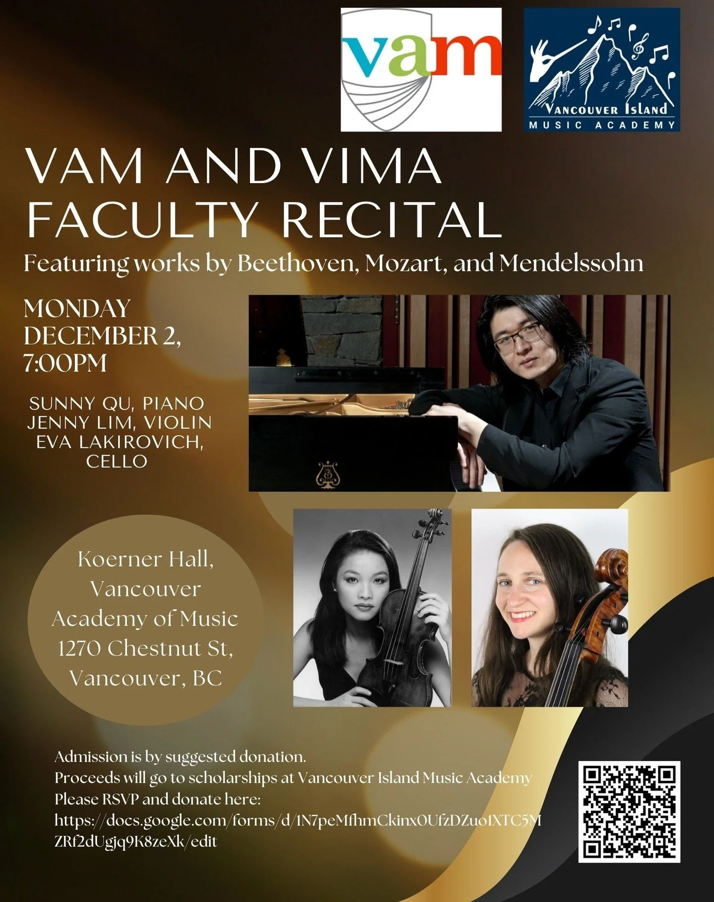 Delighted to be collaborating and performing with my dear colleagues and friends violinist Jenny Lim, and pianist Sunny Qu in a VAM and VIMA faculty recital featuring the Beethoven Ghost Trio, Cello Sonata No. 3, Mozart Violin Sonata No. 18, and Mend