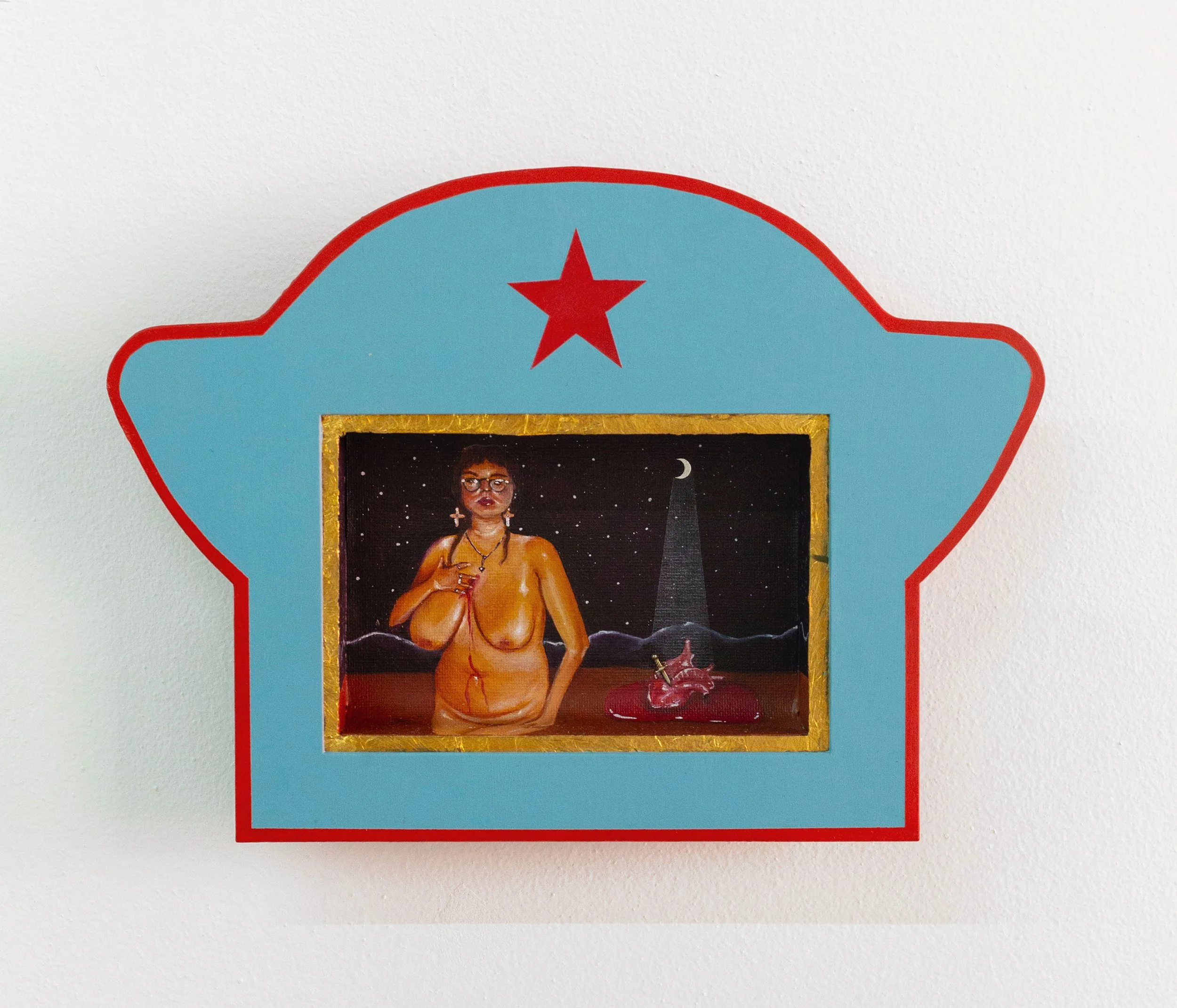  Estrella I, 2025, acrylic on canvas pad, wood panel, plywood, gold leaf, found object, 8 x 11 x 2 in. 