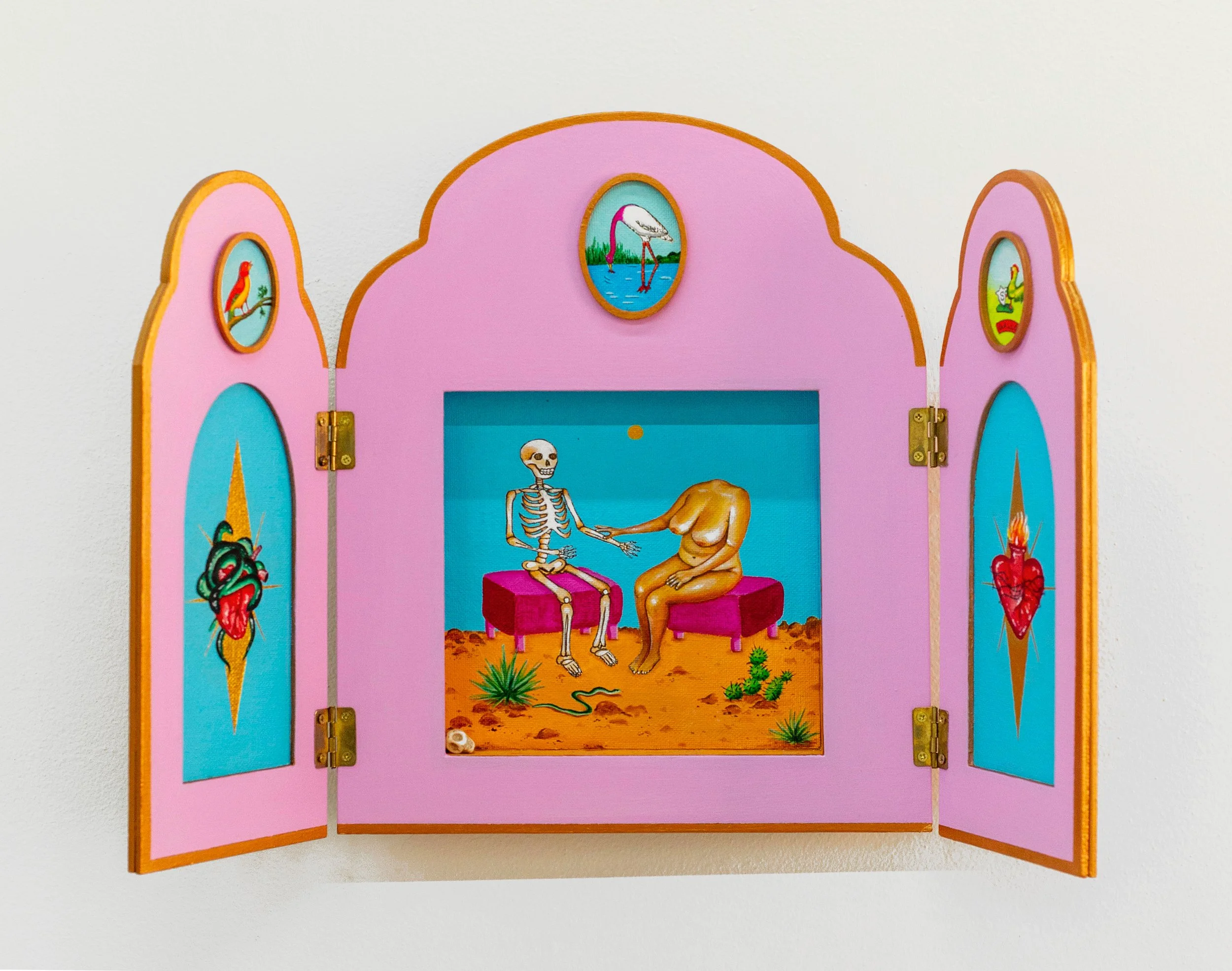  I’ve lost my head (Tres Pájaros), 2023, acrylic on canvas paper, wood panel, craft plywood, hinges, skull bead, 17⅜ x 11½ x 1½ in. 
