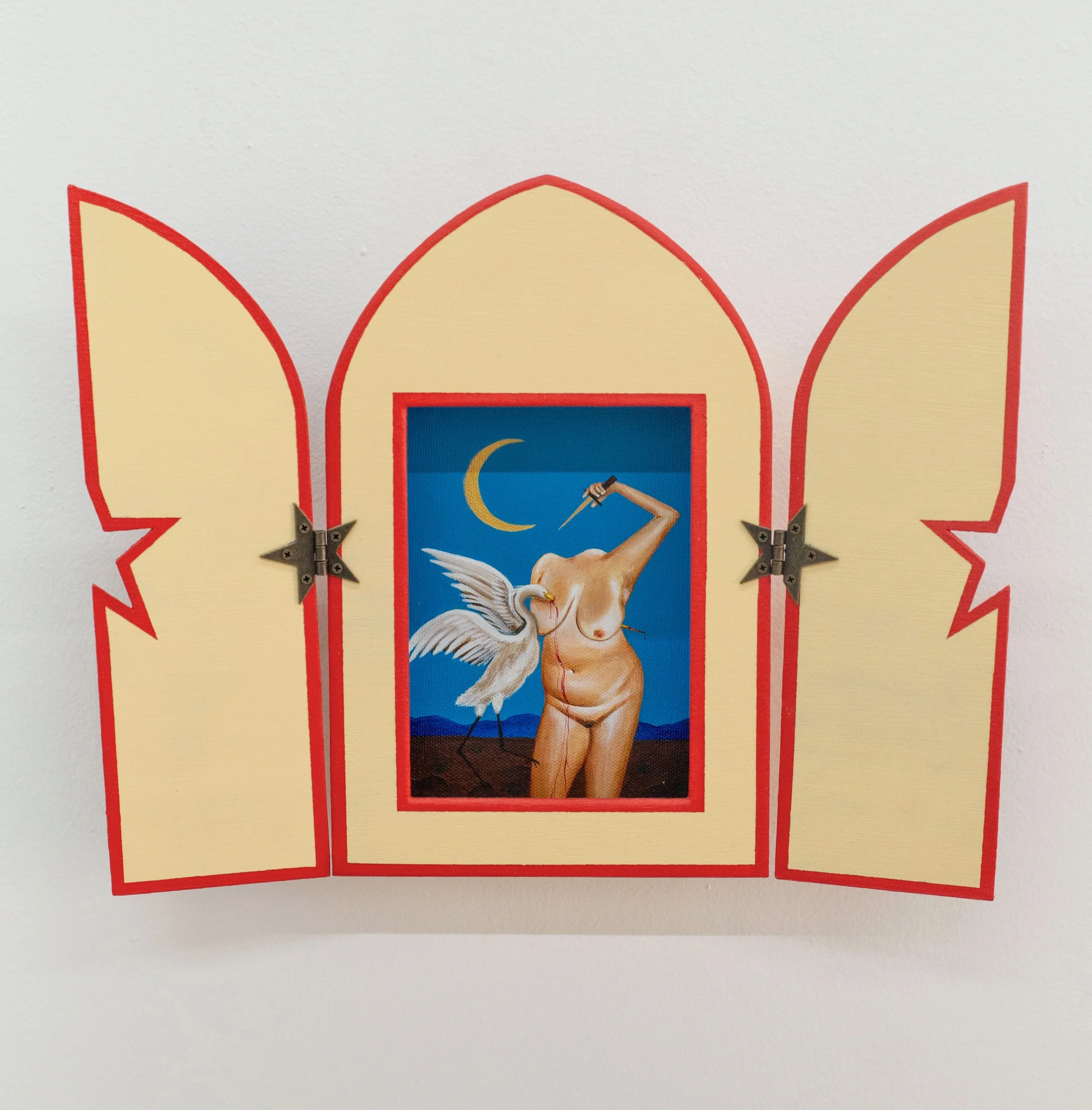   Prophecy , 2025, Acrylic on canvas pad, wood panel, plywood, hinges, 9.5 x 12 x 2 in.&nbsp; 