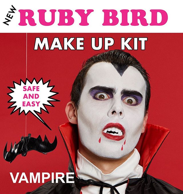 This Halloween 🎃 introducing NEW Ruby Bird Makeup Kit. A safe and easy way to enjoy a night of fright. Become a vampire with our easy to follow instructions. Applying makeup is no longer a pain in the neck!! #rubybird #makeupkit #halloween #infomerc