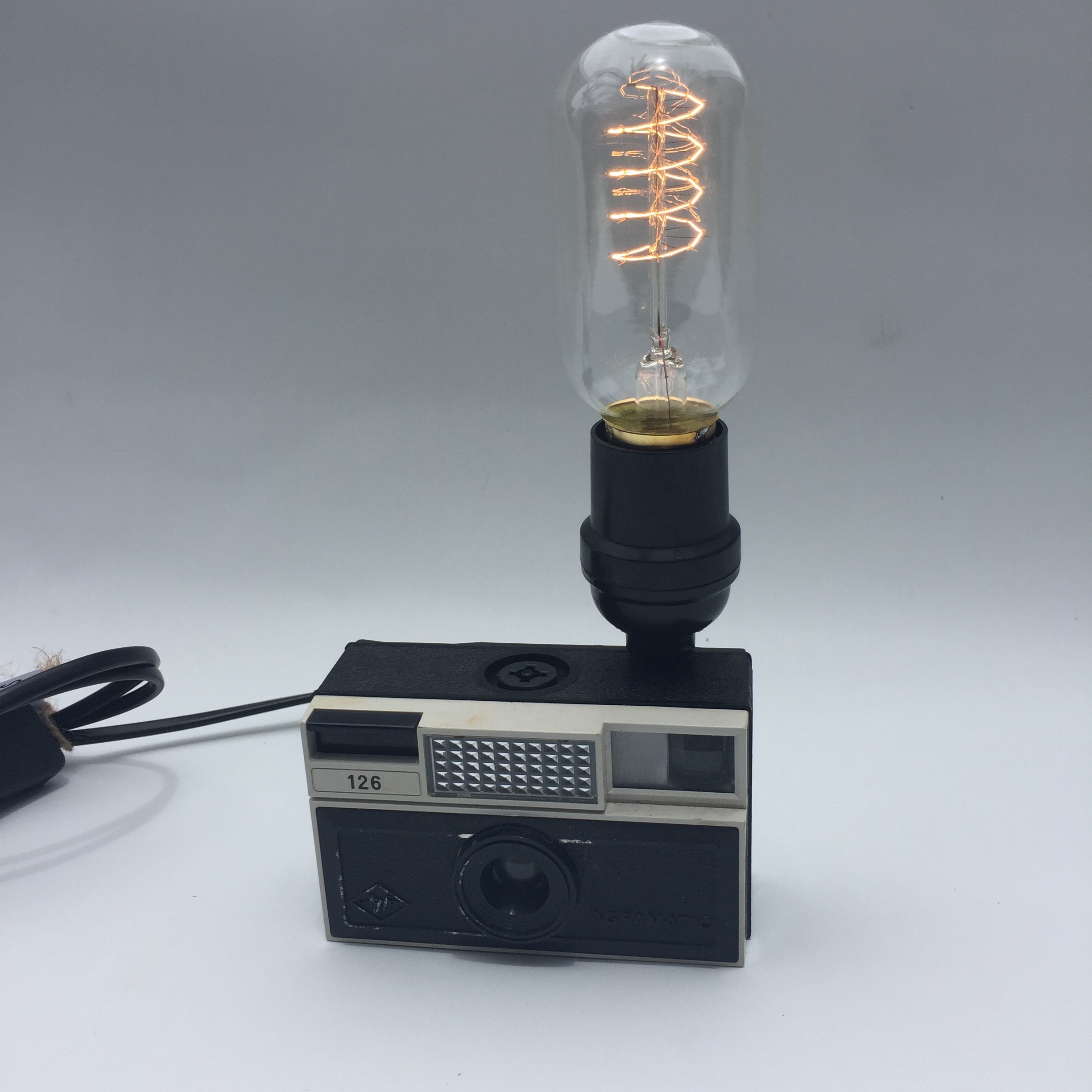 Agfa vintage camera amp w/ inline switch and Edison filament bulb