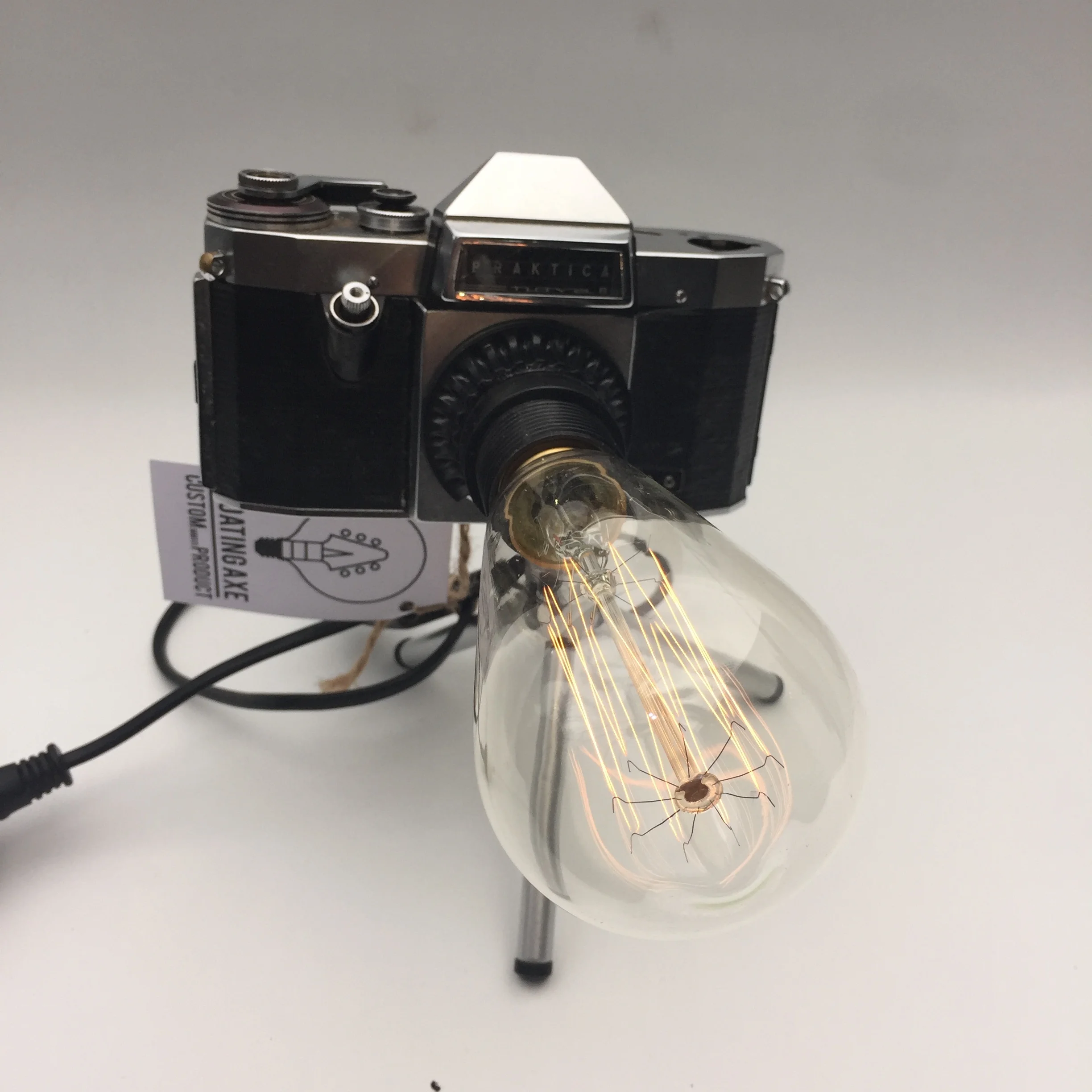 Praktica 35mm vintage camera lamp w/ inline switch and Edison filament bulb