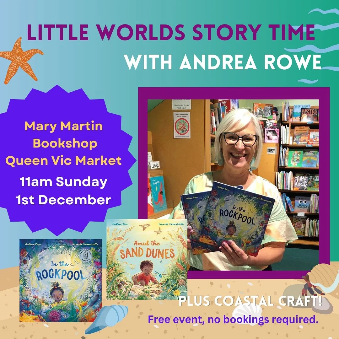 This Sunday join award-winning author Andrea Rowe for a special seaside story time on the veranda of our @vicmarket bookshop.  Andrea will be reading In the Rockpool (a 2024 CBCA Notable) and her brand new book, Amid the Sand Dunes.

After story time