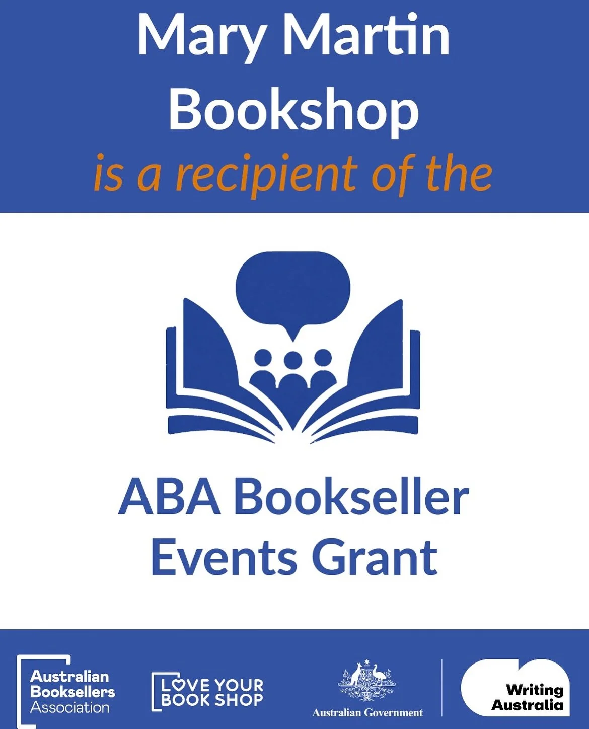 Mary Martin Bookshop is delighted to announce we are a recipient of the ABA Bookseller Events Grant! 

We are one of 26 bookshops across Australia that will receive funding to bring our events program to life. 

The program is designed to support the