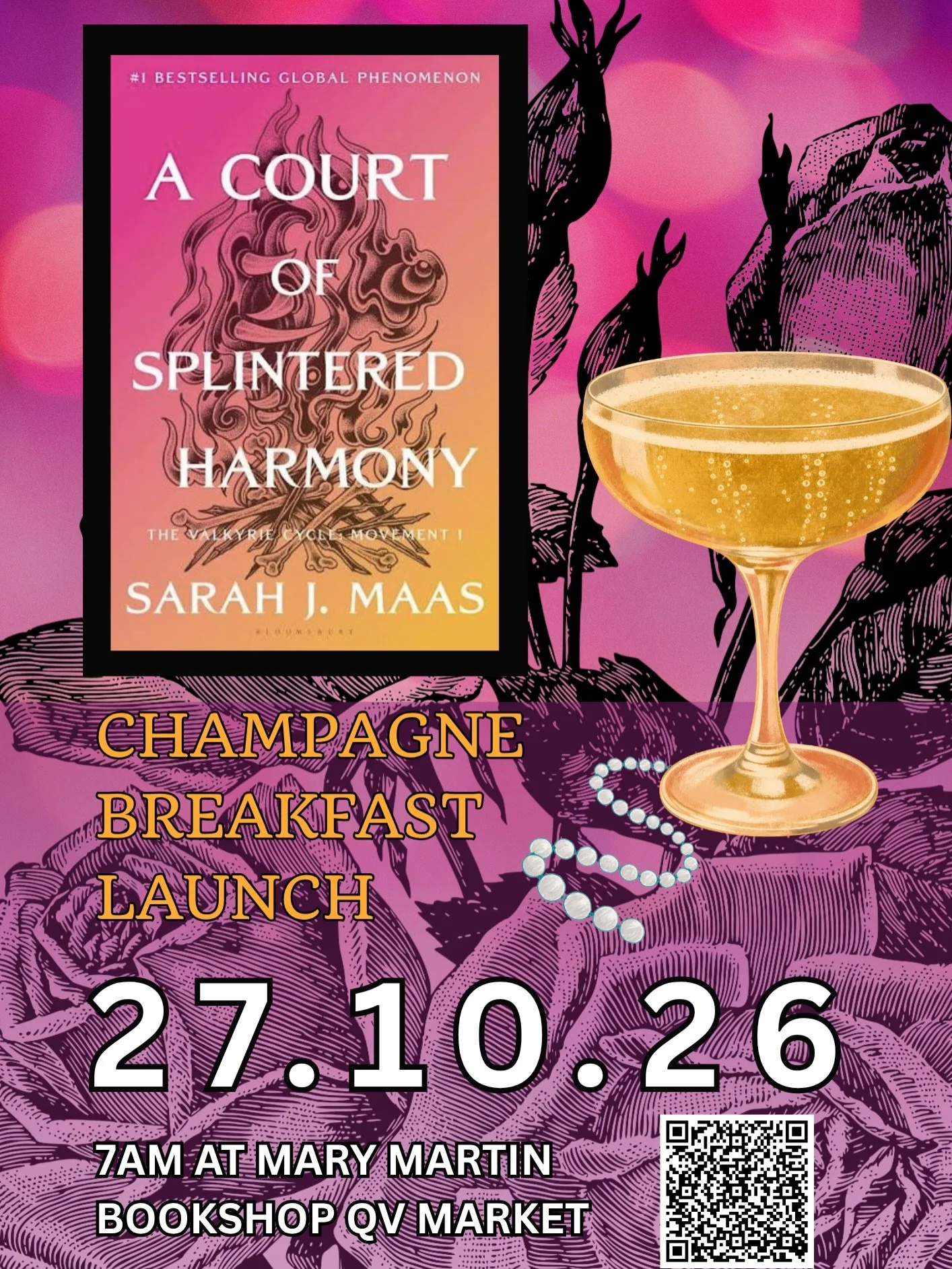 WHAT: ACOTAR A Court of Splintered Harmony Champagne Breakfast Release 

WHEN: 7am Tuesday October 27

WHERE: At the Court of Mary Martin Bookshop, Queen Victoria Market (String Bean Alley, Queen St end) 

HOW: get your tickets via QR code or via lin