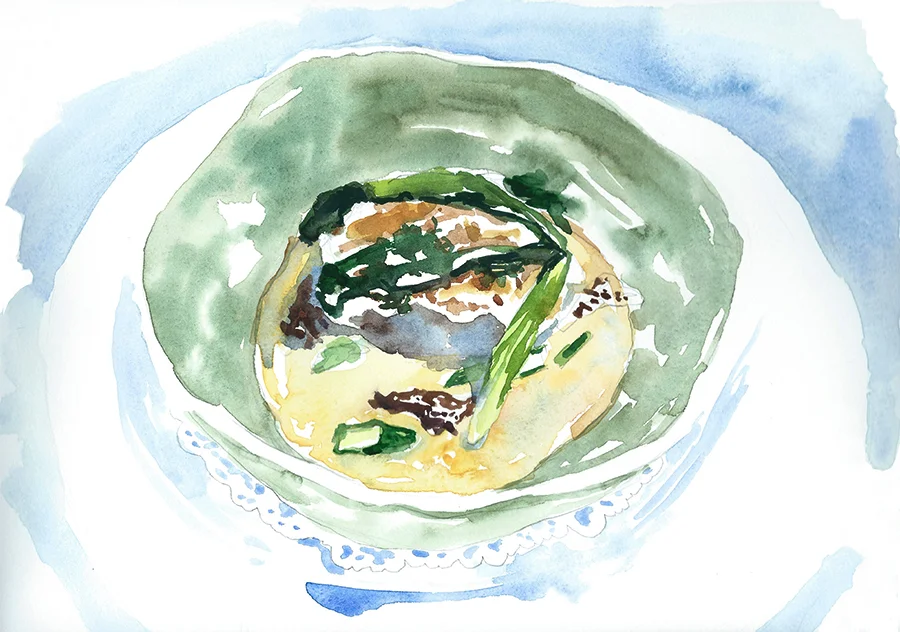 Poisson sauvage du moment, écrasé de pommes de terre, poireaux, bouillon aux morilles