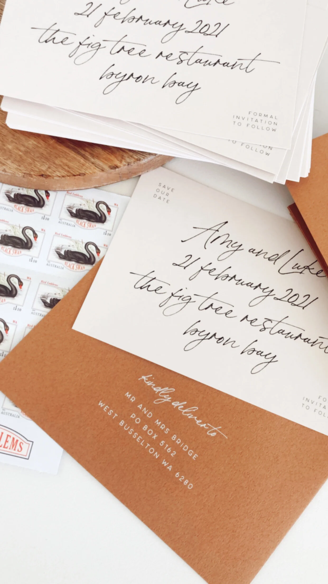 Save the Date  |  Black Ink on Almond  |  120 x 180mm  |  Personalised Envelopes, White Ink on Cinnamon  |  Summer Lovin’ Design