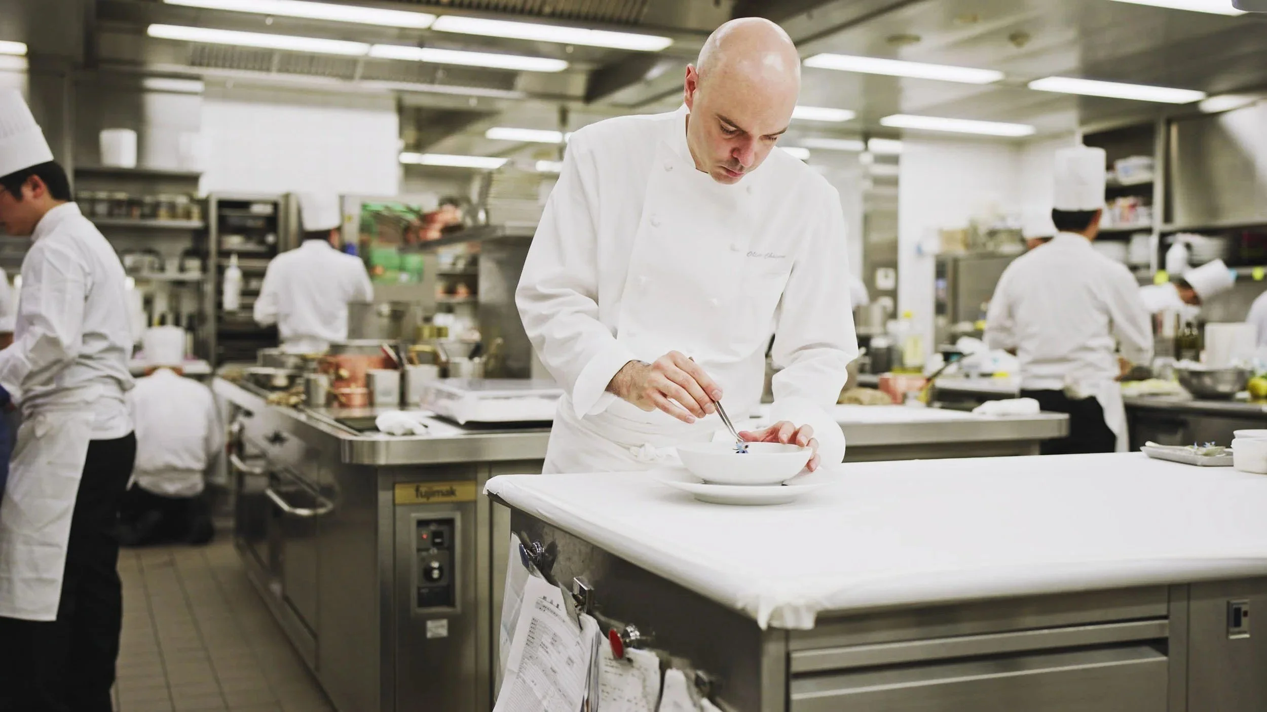 Kitchen at L'Osier, Ginza, during the Ruinart champagne and fine dining film shoot in Tokyo