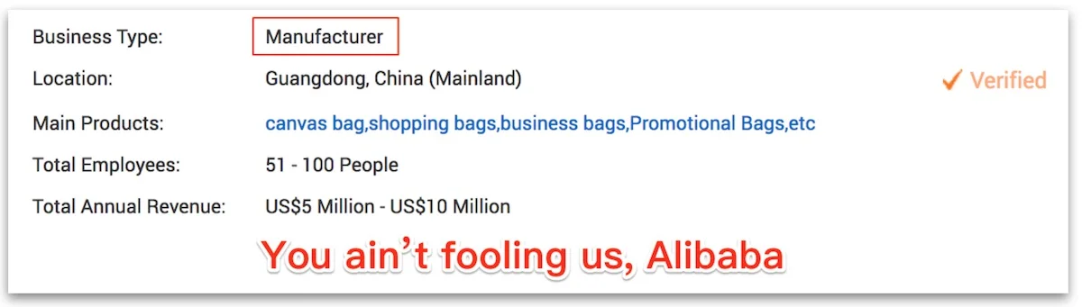 A bag manufacturer’s company info page on alibaba.com