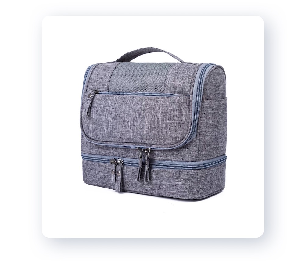 a grey toiletry bag