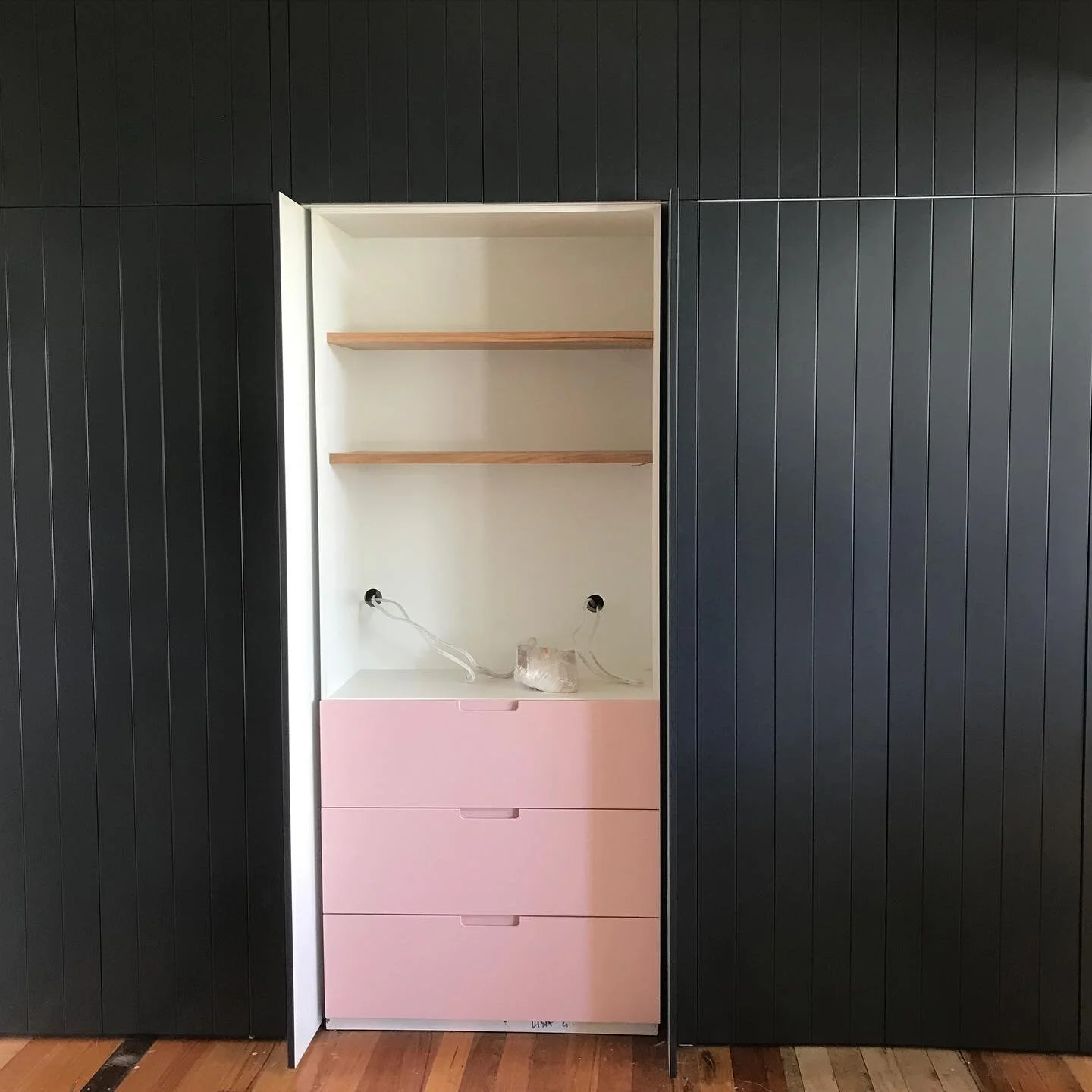WIP Newport Residence - kitchen pantry with pocket doors and pops of  colour built by @makerszoo . Still to be installed; wood veneer, brass and stone internal surfaces. It&rsquo;s looking amazing so far! Can&rsquo;t wait to see this and the gorgeous