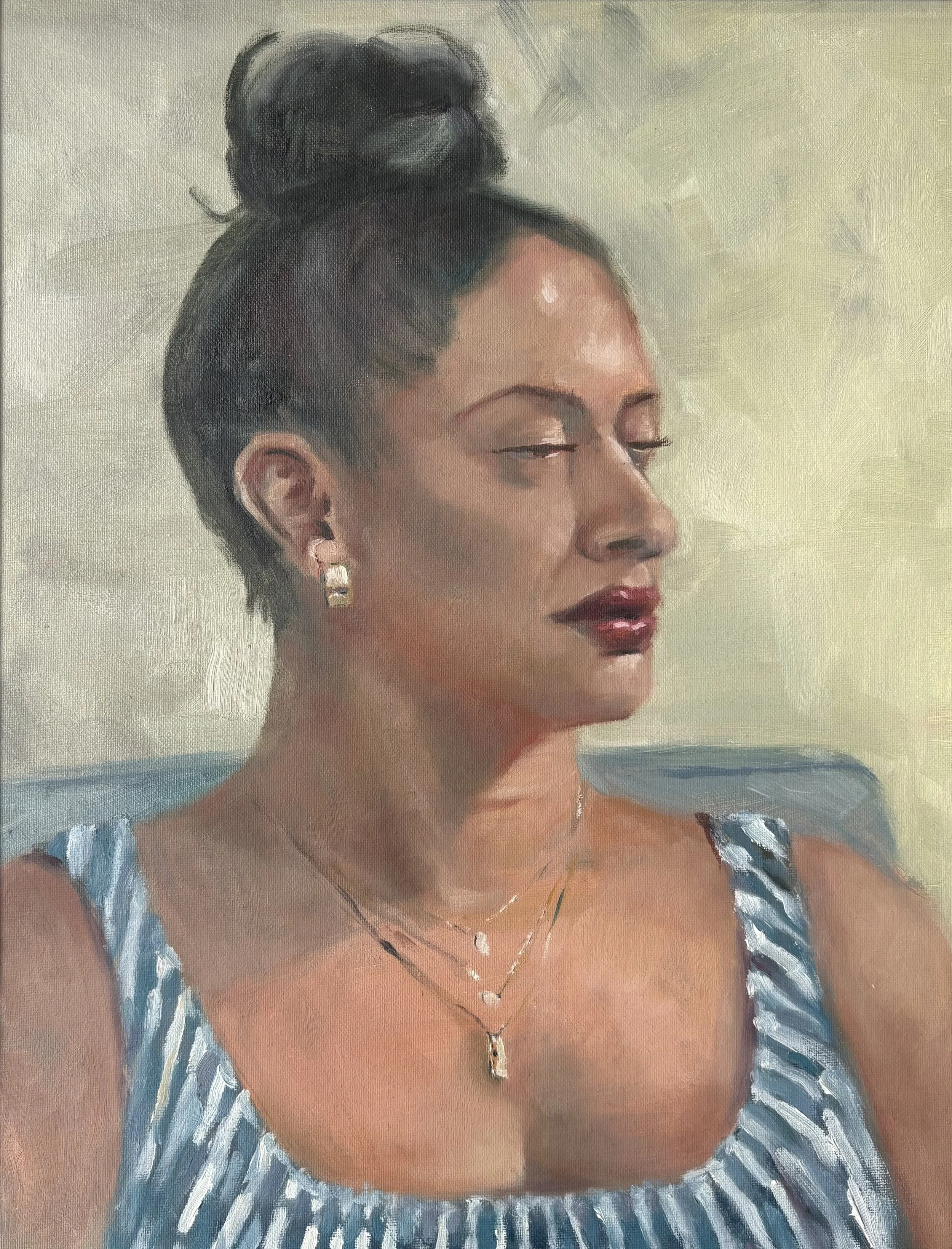 'Top Knot', ala prima, oil on canvas board, 14x18 inches, 2025. . Available [Inquire for Details]