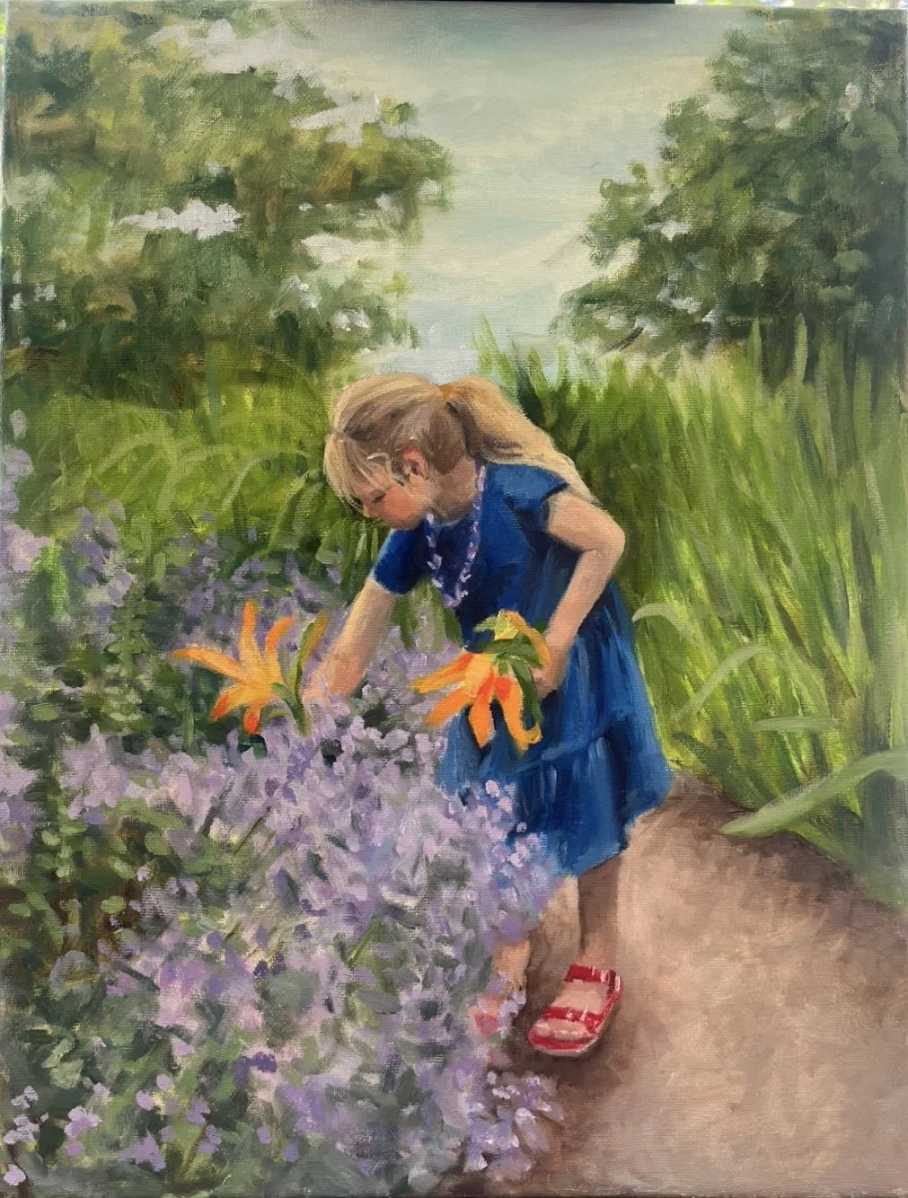 'Elowyn with Daylillies' 2025. Oil on Canvas 14" x18" Available [Inquire for Details]
