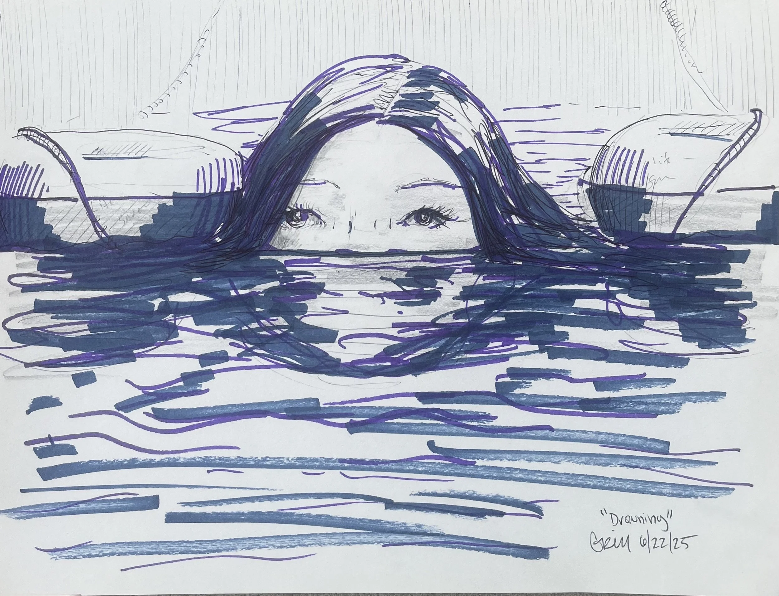 'Drowning' Marker and Graphite on Paper 10.5" x14". SOLD