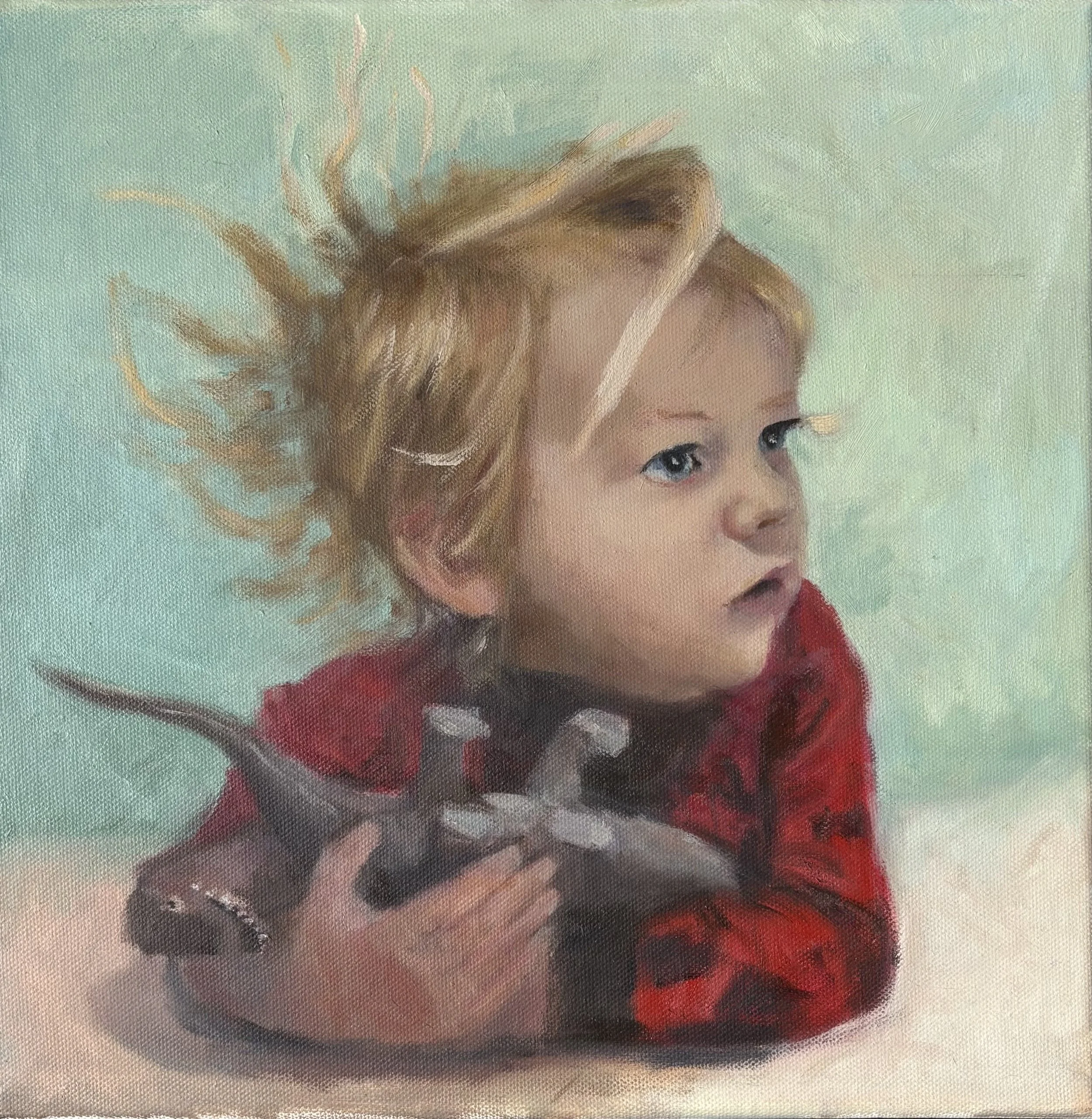 'Runic and His Dinosaurs' oil on canvas 12x12 inches. 2026 NFS