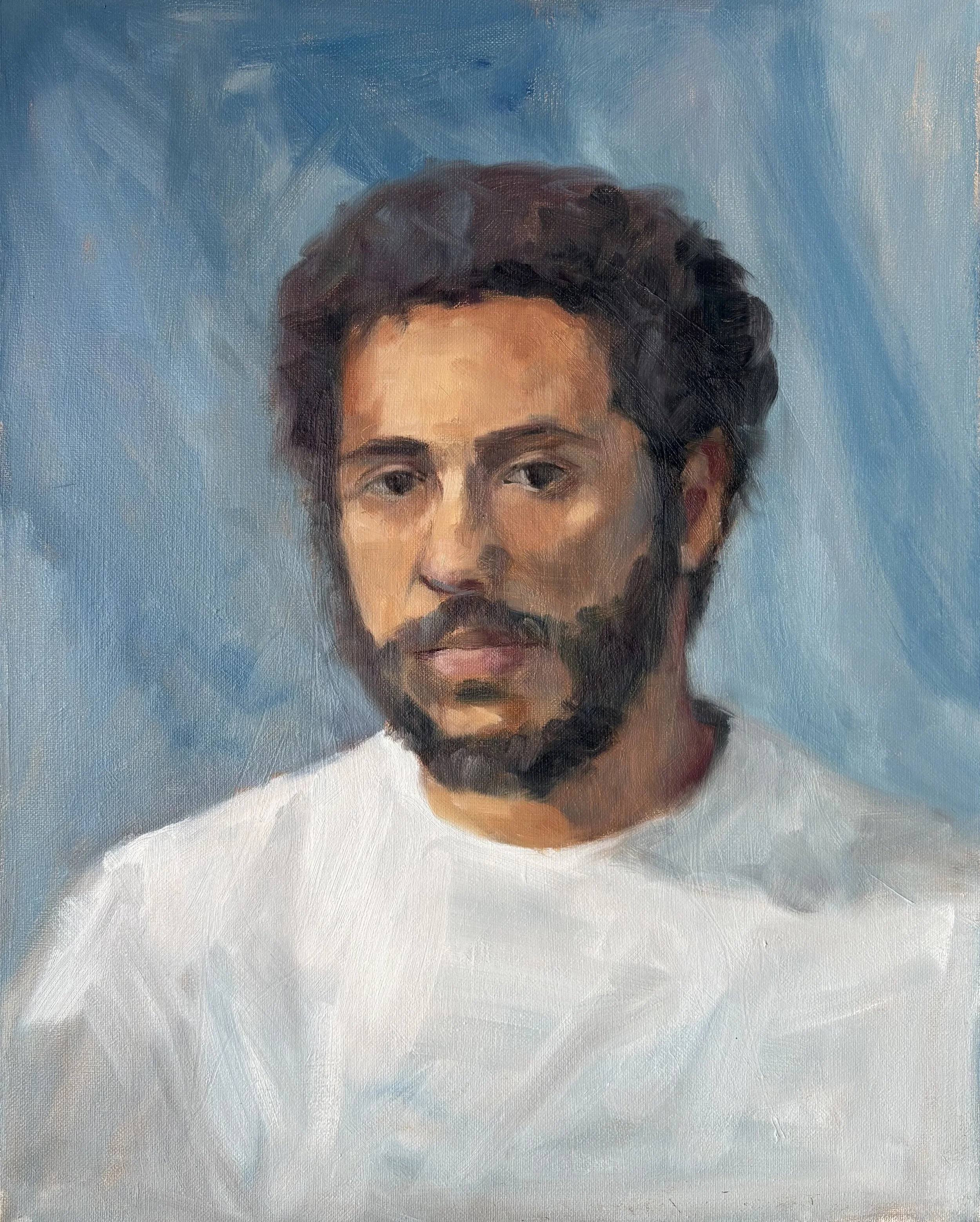 'Blue Guy', ala prima, oil on canvas 18x20 inches, 2026. Available [Inquire for Details]