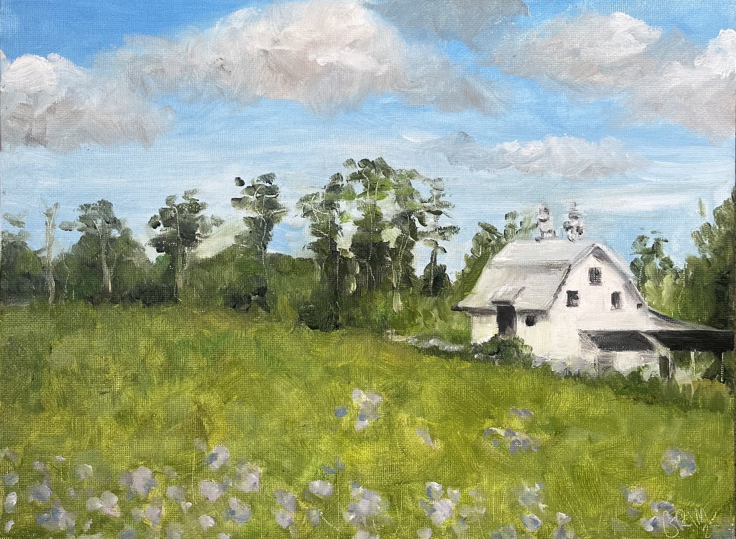 'Chaseholm Farm in July' 2025. Plein Air Oil on Canvas Board 9"x12". SOLD