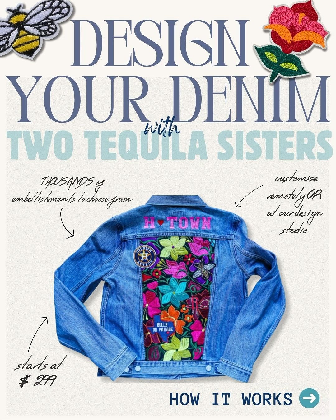 ✨ How it works: You dream it, we denim it. ✨

From picking your patches to showing off your custom masterpiece to the world, we&rsquo;ll walk you through every stitch. Bring your own flair or choose from our treasure trove of trims, lace, and sparkle