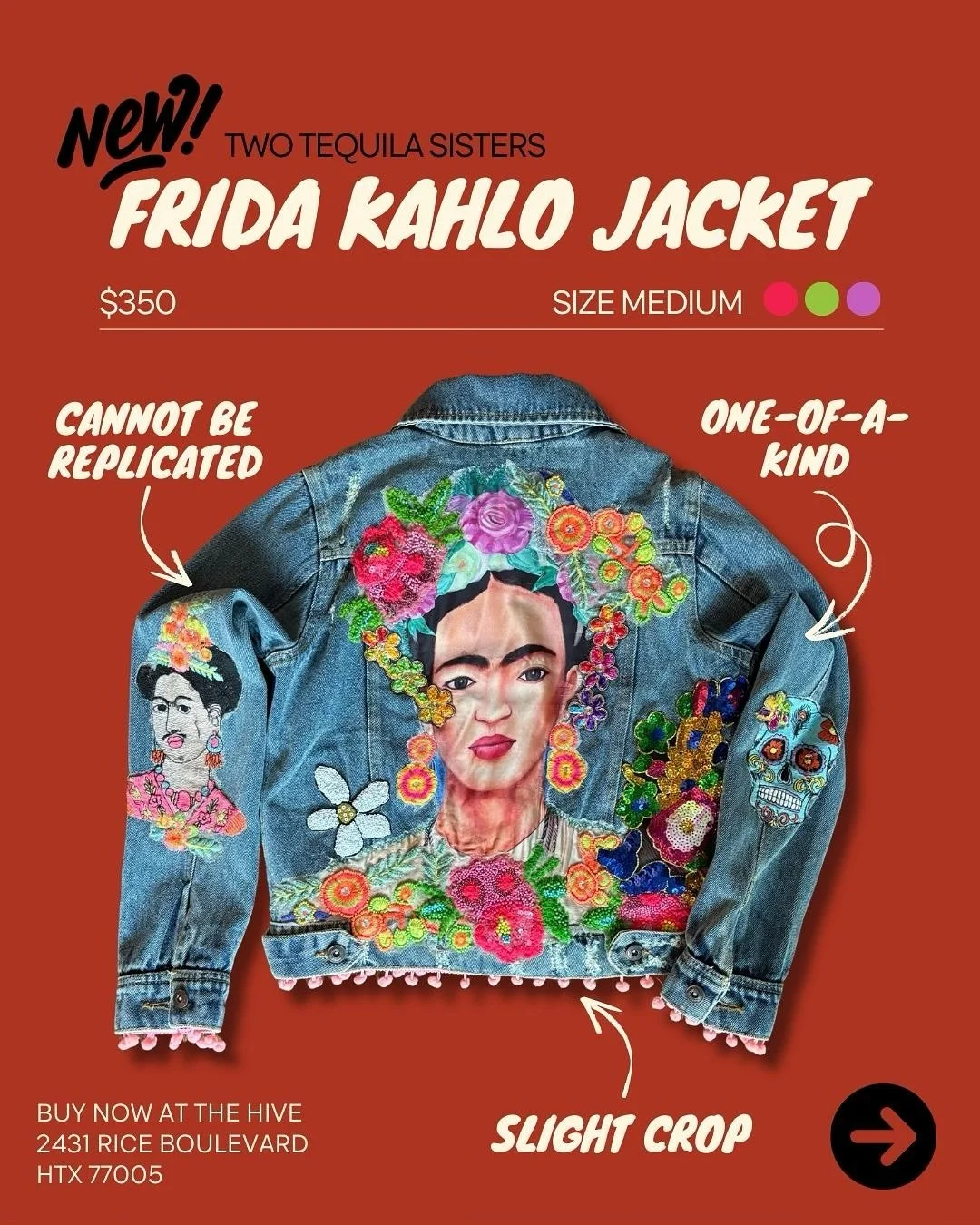 The only Frida Kahlo Jacket is here. $349 at @thehivepopup 🌼🎨 Gone when she&rsquo;s gone.

#WomenOwnedBusiness #SupportSmallBusinesses #ShopLocal #ShopSmall #CustomDenim #MadeWithLoveAndABuzz #TheHivePopUp #TwoTequilaSisters