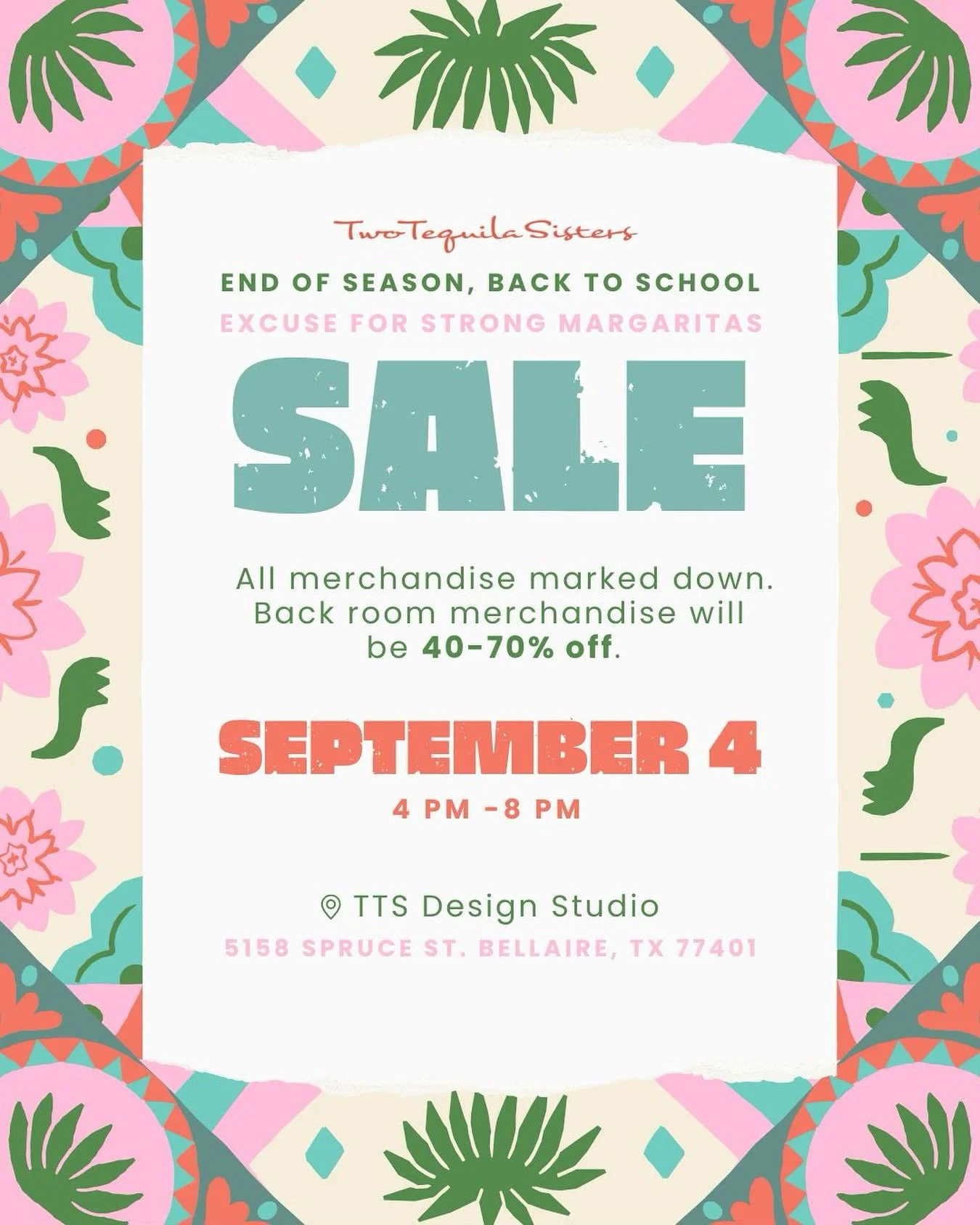 Retail therapy &gt; actual therapy (but tequila helps too 😉)

Don&rsquo;t miss our studio sale THIS THURSDAY from 4-8 pm!!! Up to 70% off back room merch + all other merch marked down.

📍5158 Spruce St. Bellaire, TX (behind the HEB)

#TwoTequilaSis