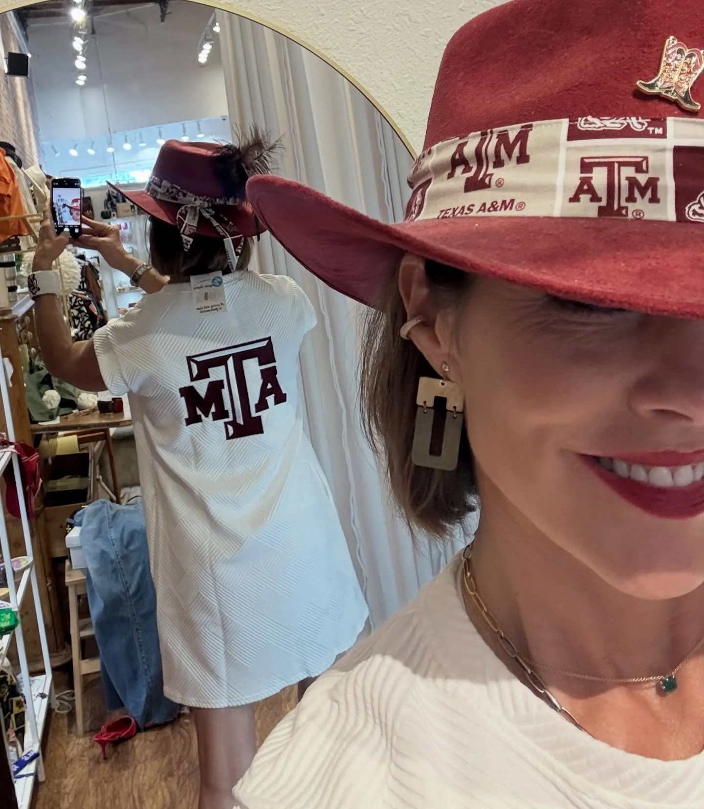 Sip, cheer, and repeat in our new game day dresses! 🍹👗 Eryn is wearing a size Medium in our A&amp;M-themed dress &mdash; only $99. We also have UT available for purchase.🤘

Not an A&amp;M or UT fan? No problem. Let us know your team and we can get