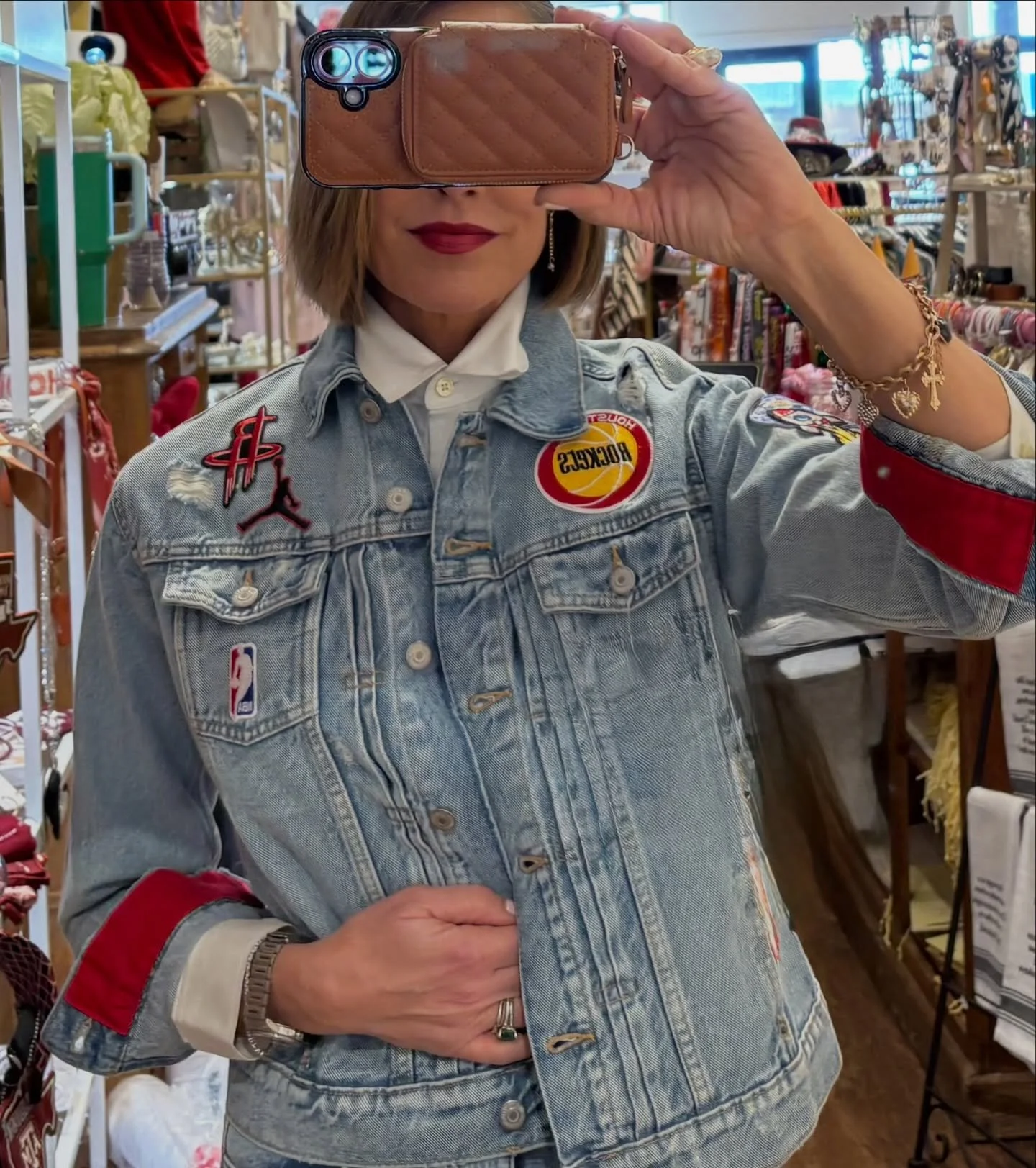 Safe to say we slam dunked this design! 🏀❤️ This adorable Houston Rockets denim jacket is waiting for you at @thehivepopup 👈

&bull; Size small
&bull; $299
&bull; One-of-one! 

Not a Rockets fan? We won&rsquo;t judge &mdash; send us your team and w