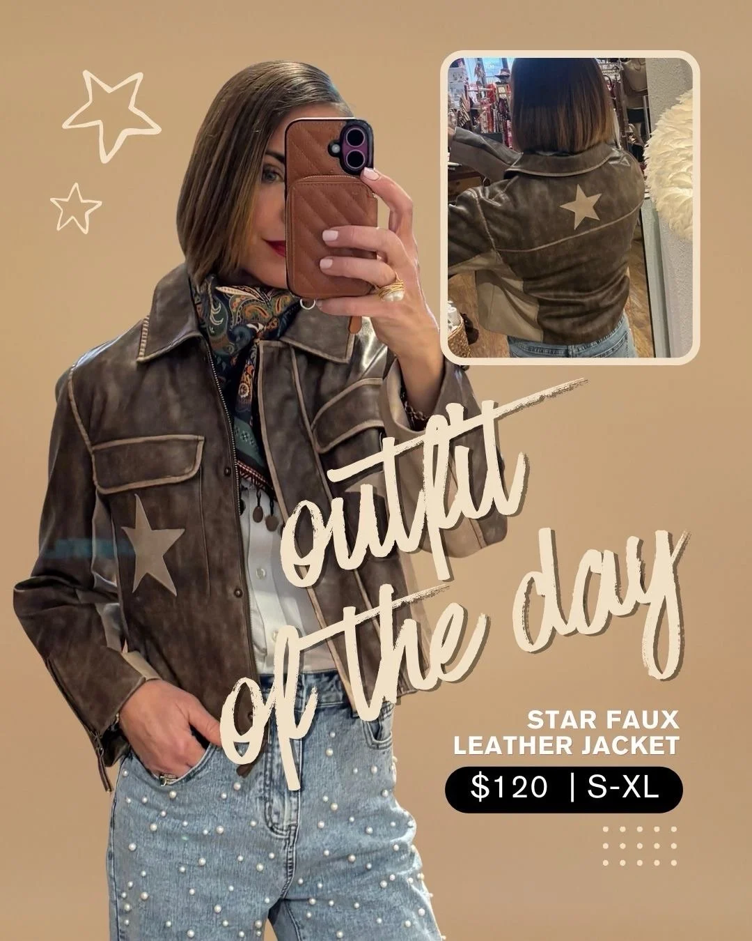 Star of the show ⭐🤠 

Eryn&rsquo;s serving main-character energy in our faux leather star jacket + western bandana&mdash;both by Two Tequila Sisters and available now at @thehivepopup . Swing by, try it on, and yee-haw your way out styled ✨

📍 The 